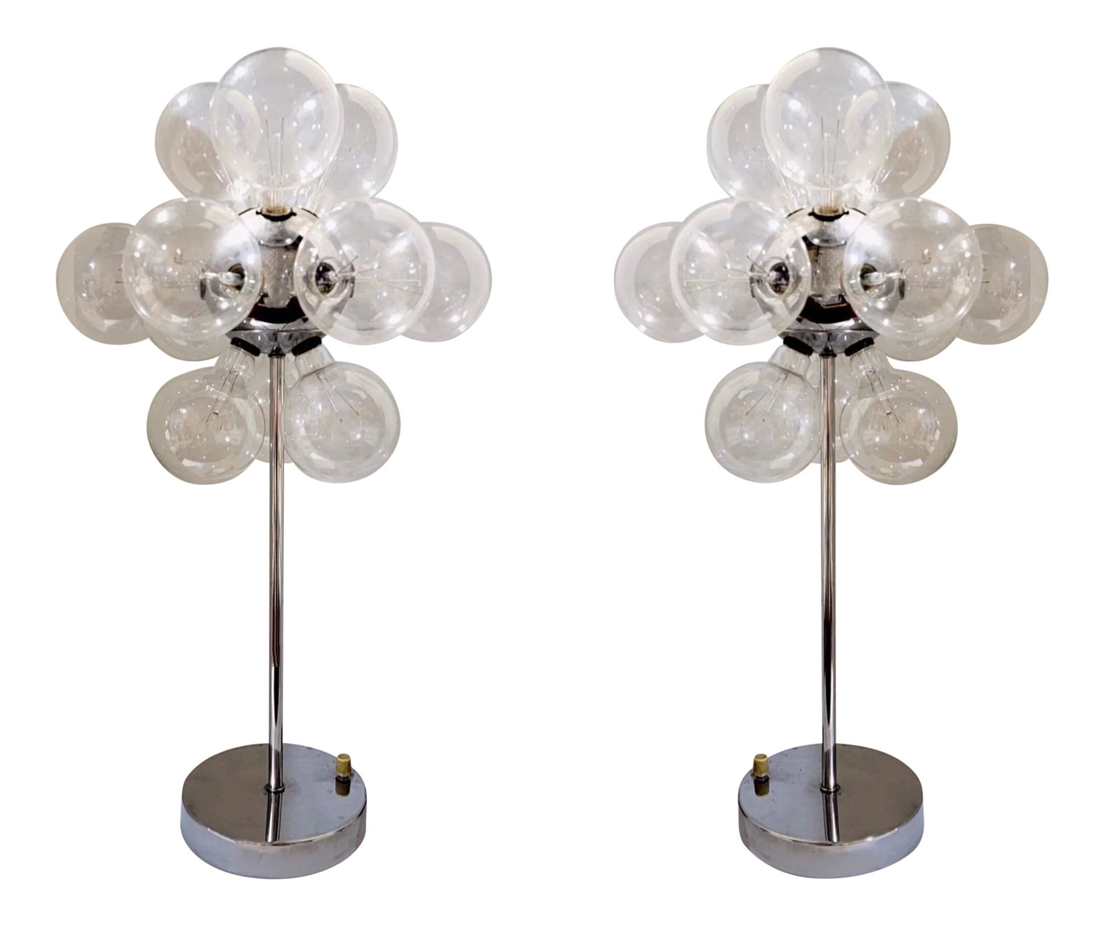 Modern Chrome Sputnik Style Bubble Glass Globe Lamps Att. To Tsao Designs, Pair: These are awesome! This is a pair of modern 1970s chrome based Sputnik style clear bubble glass table lamps attributed to TSAO Designs. These are in working order and original condition. They each hav