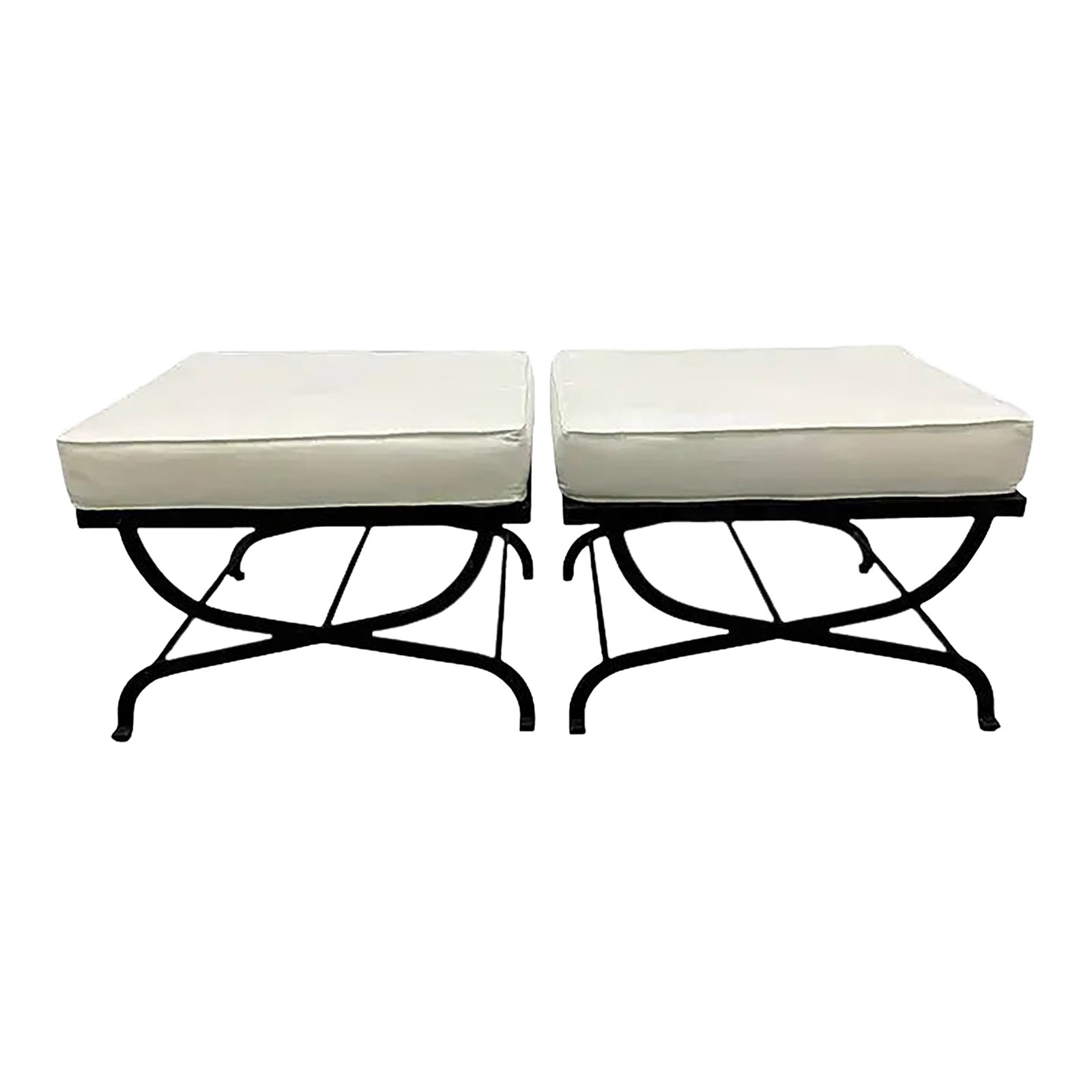 Pair Iron Lattice Top Curule Style Ottomans (1 of 9)