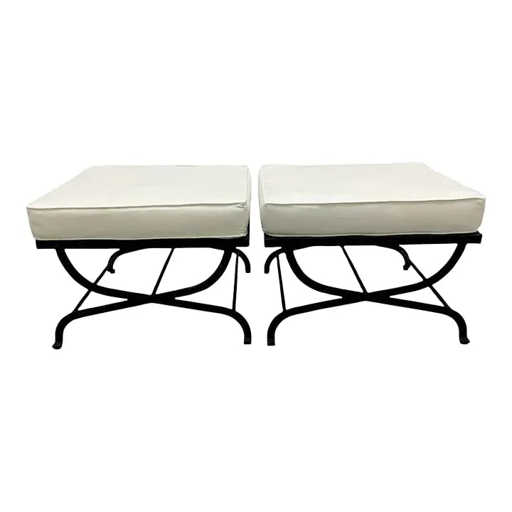 Pair Iron Lattice Top Curule Style Ottomans - 2