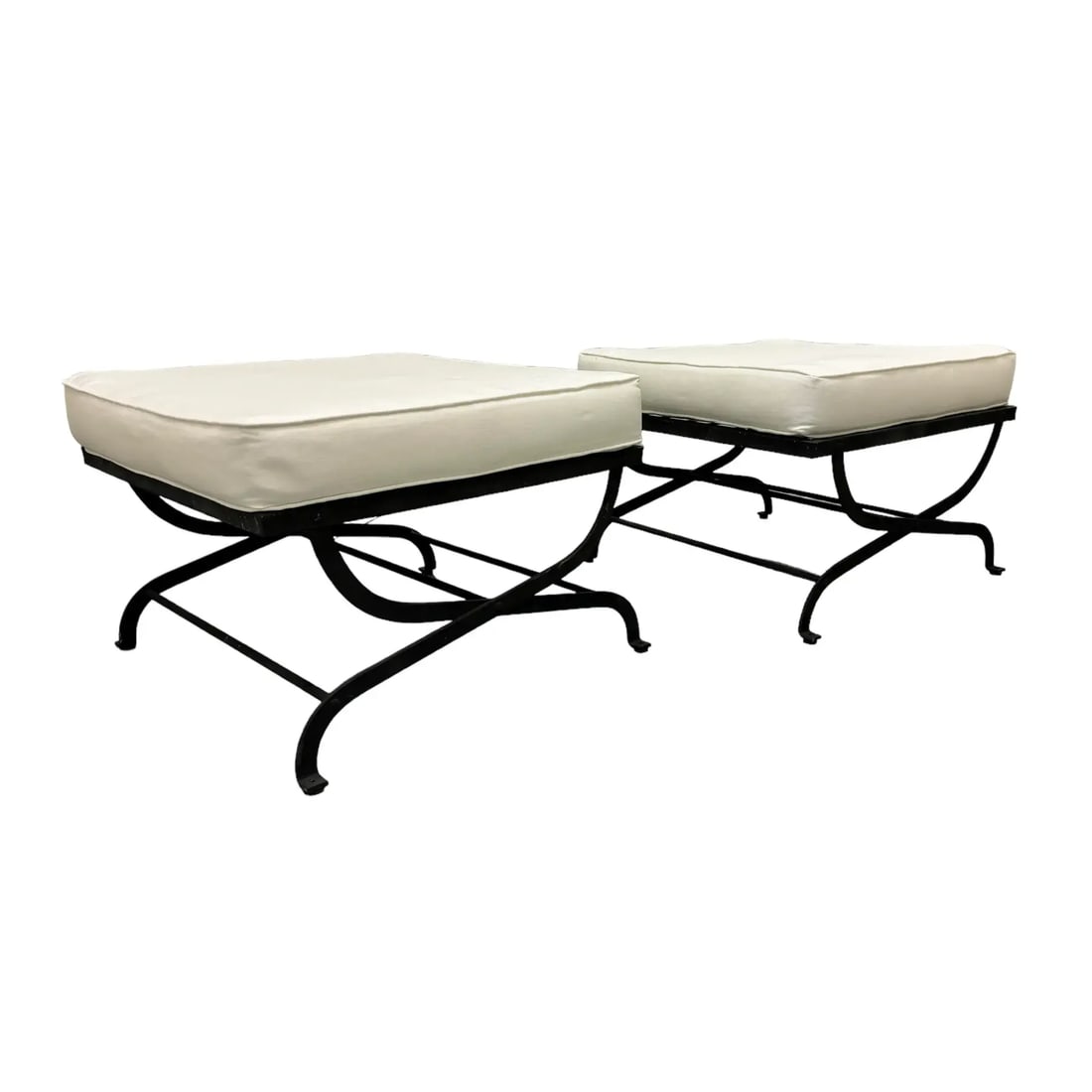 Pair Iron Lattice Top Curule Style Ottomans - 3