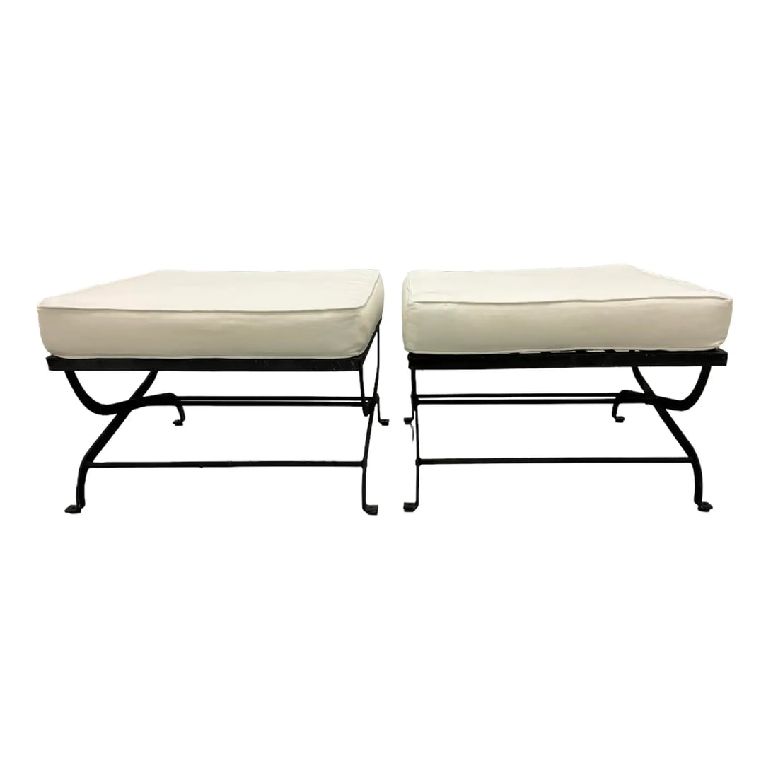 Pair Iron Lattice Top Curule Style Ottomans - 4