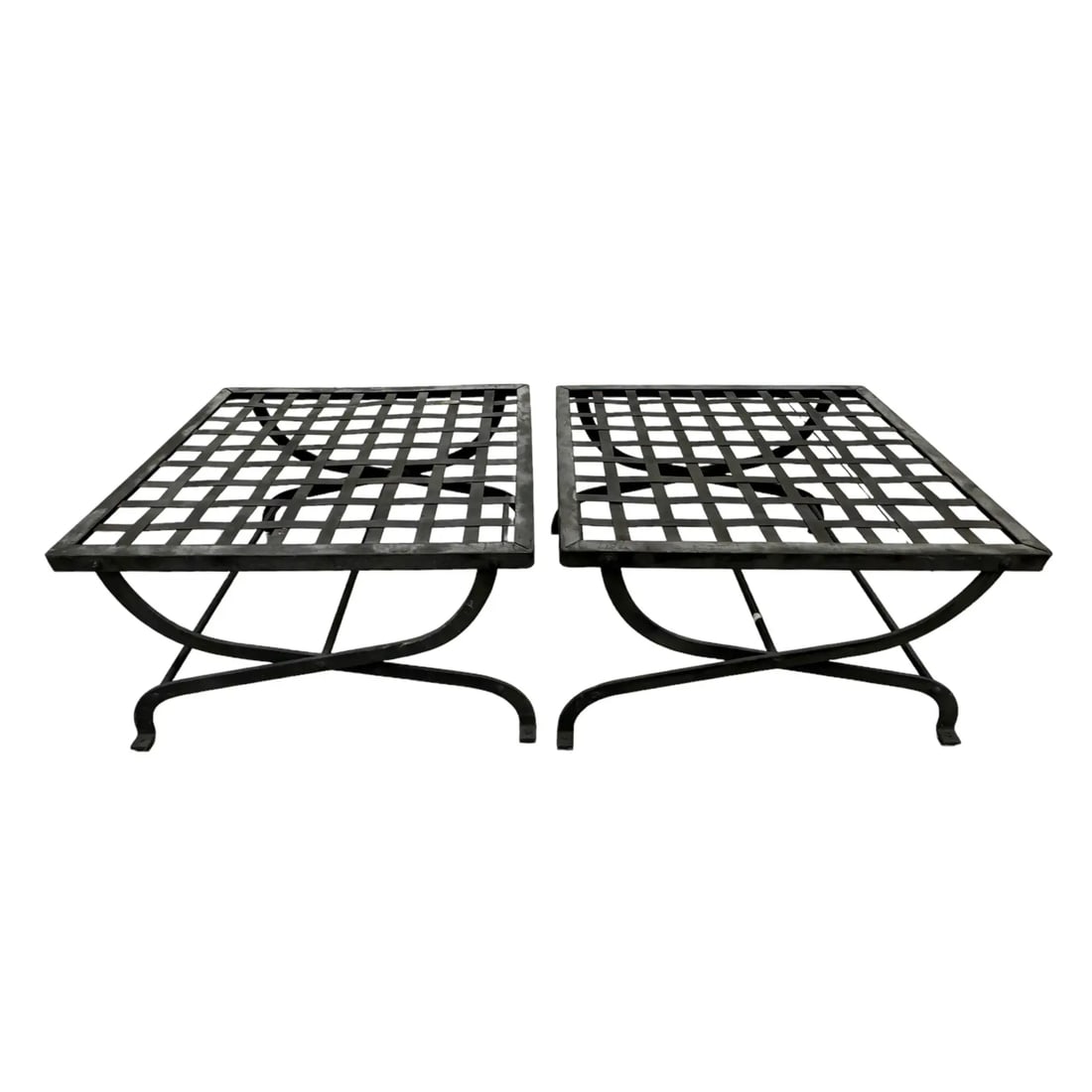 Pair Iron Lattice Top Curule Style Ottomans - 6