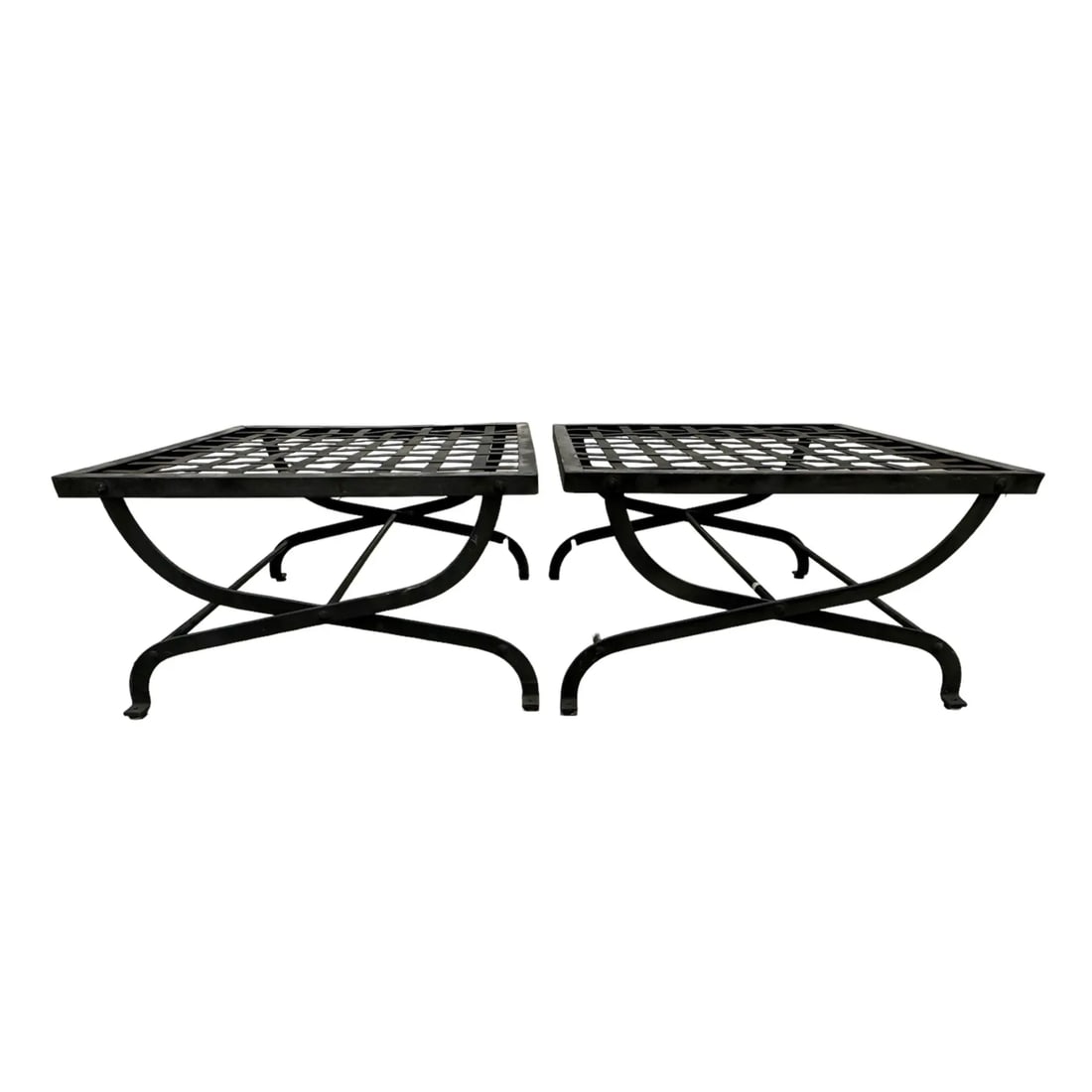 Pair Iron Lattice Top Curule Style Ottomans - 8