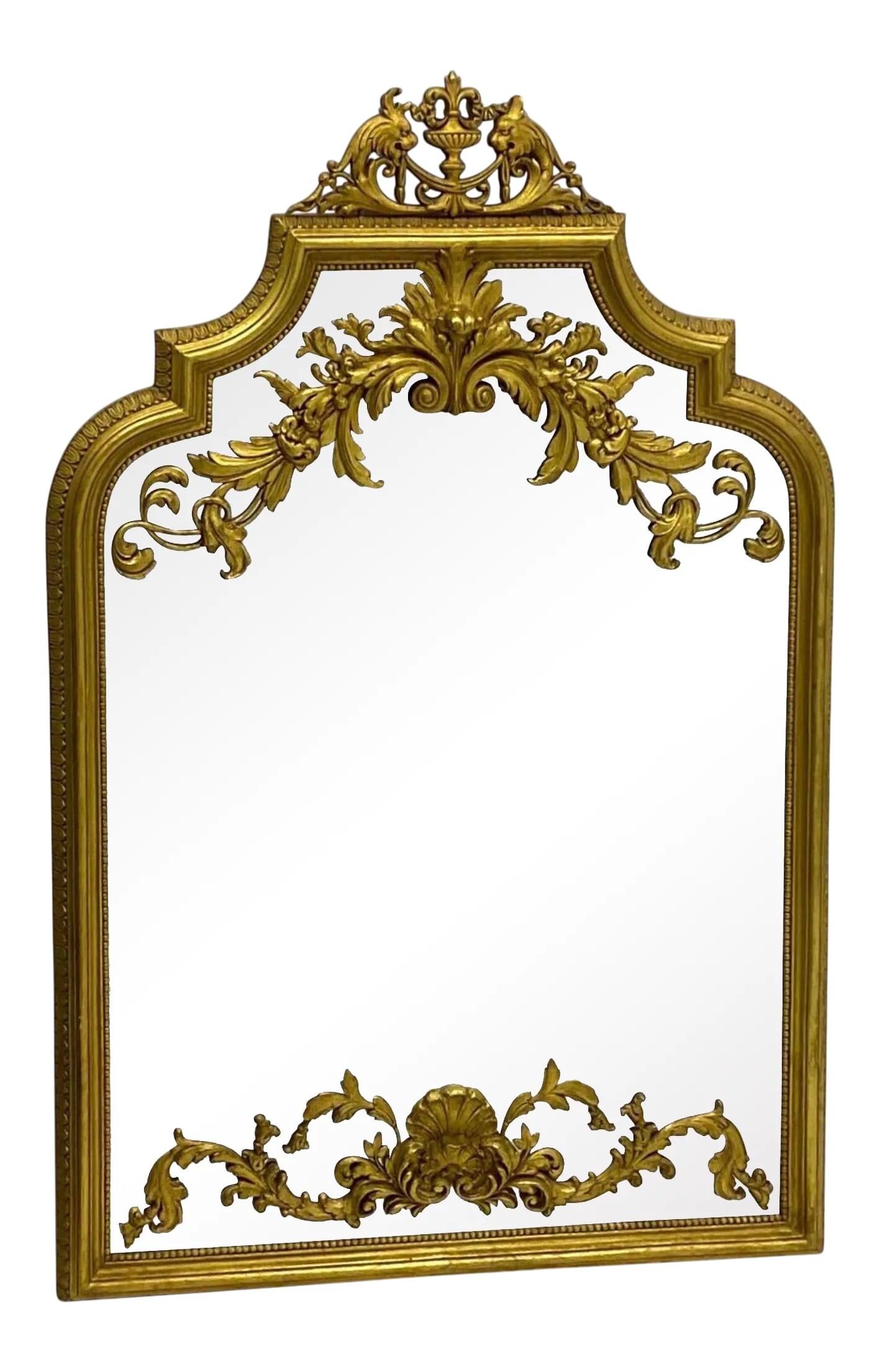 Italian Neo-Classical Style Carved Giltwood and Terracotta Mirror: This is a special piece! It is an Italian neo-classical style mirror with a wonderful carved lion pediment. The rococo style appliques are terracotta. It is in very good condition. Condition: Alterati
