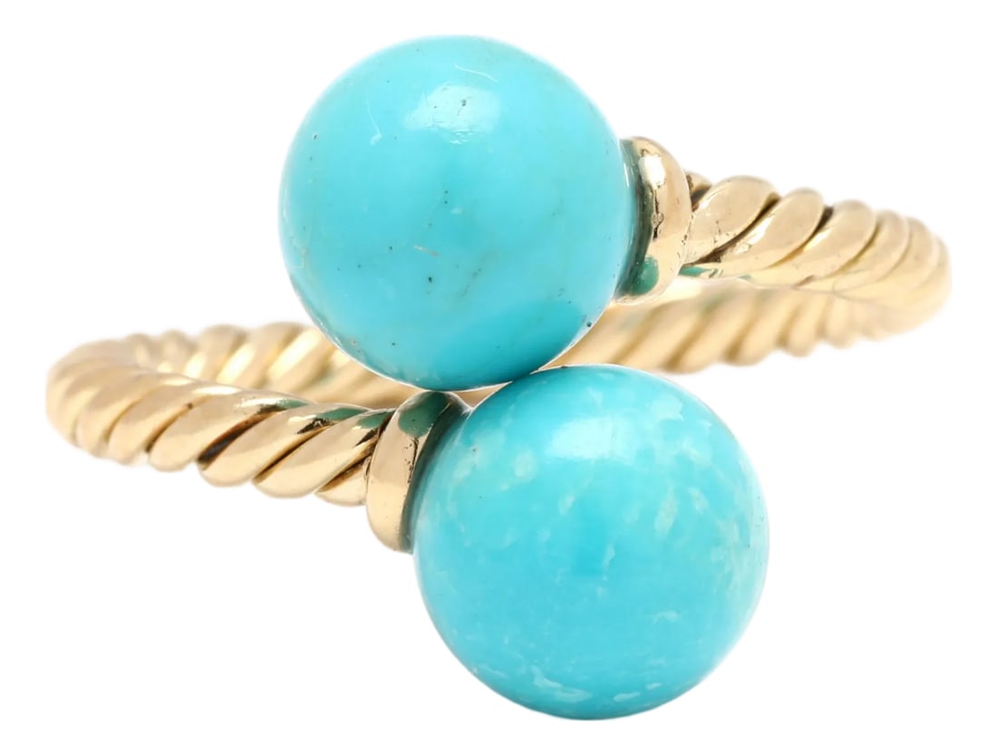 David Yurman Turquoise Bead Ring, 18k Yellow Gold, Ring Size 5.5: Stones: turquoise, 2 round bead 8 mm Ring Size 5.5 Rise Off Of Finger: 8 mm Length: 15.8 mm Weight: 2 dwts. / 3.1 grams Stamps: "750 DY" Solari Collection SKU: R4099 A Couple Of Things to Note: *