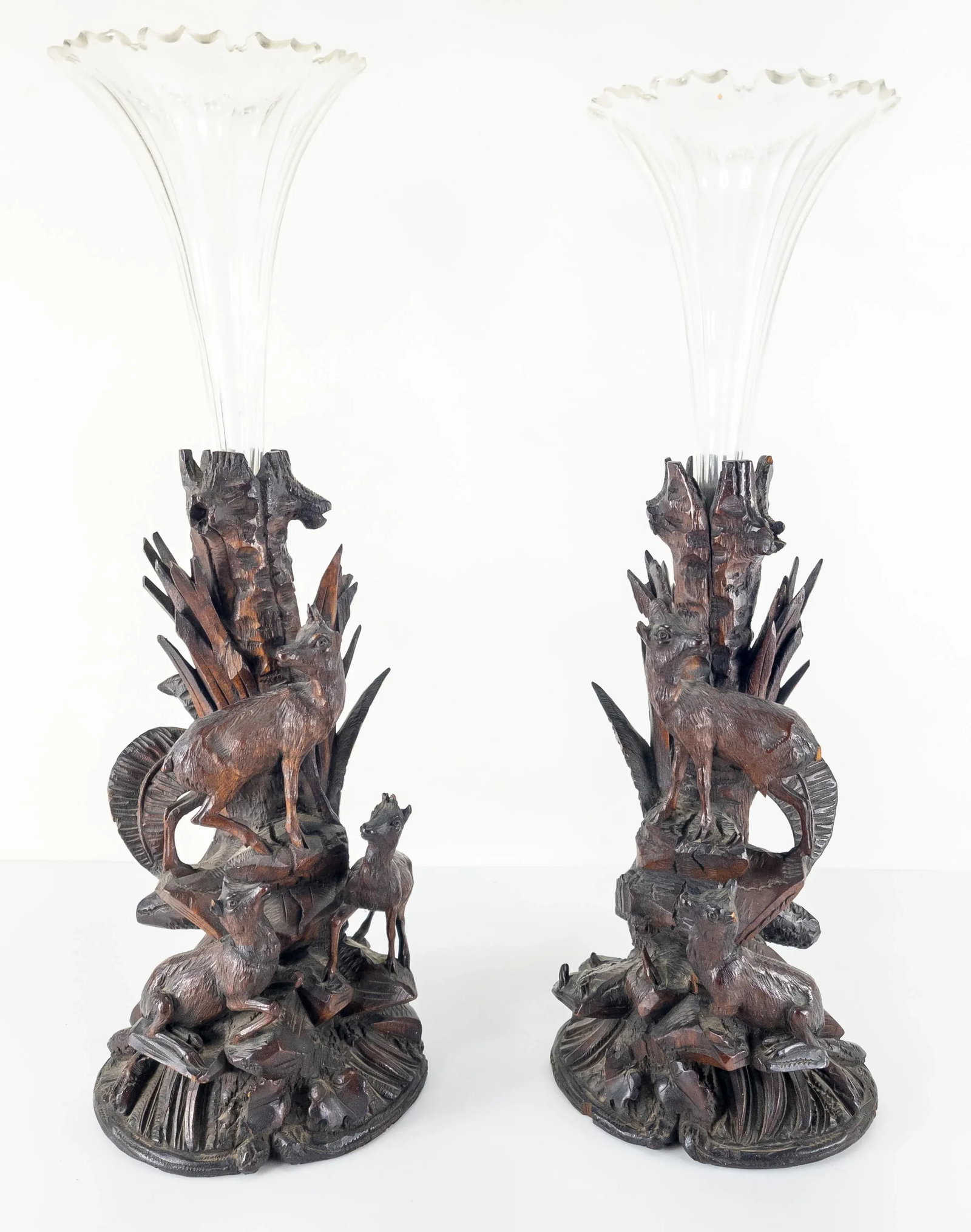 Pair of German Carved Black Forest Walnut Vases - 13