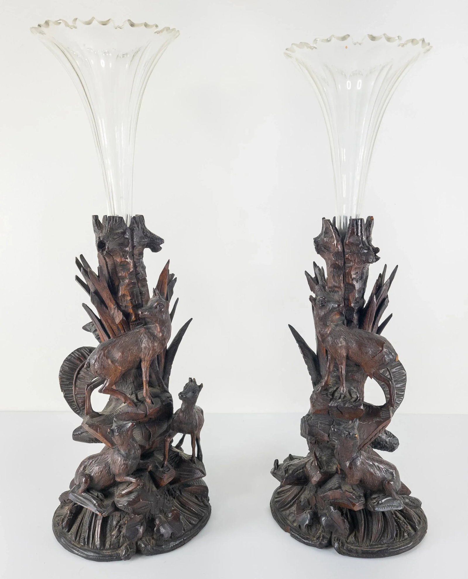 Pair of German Carved Black Forest Walnut Vases - 2