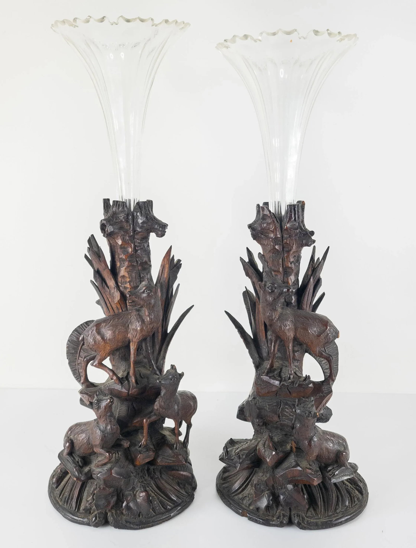 Pair of German Carved Black Forest Walnut Vases - 3