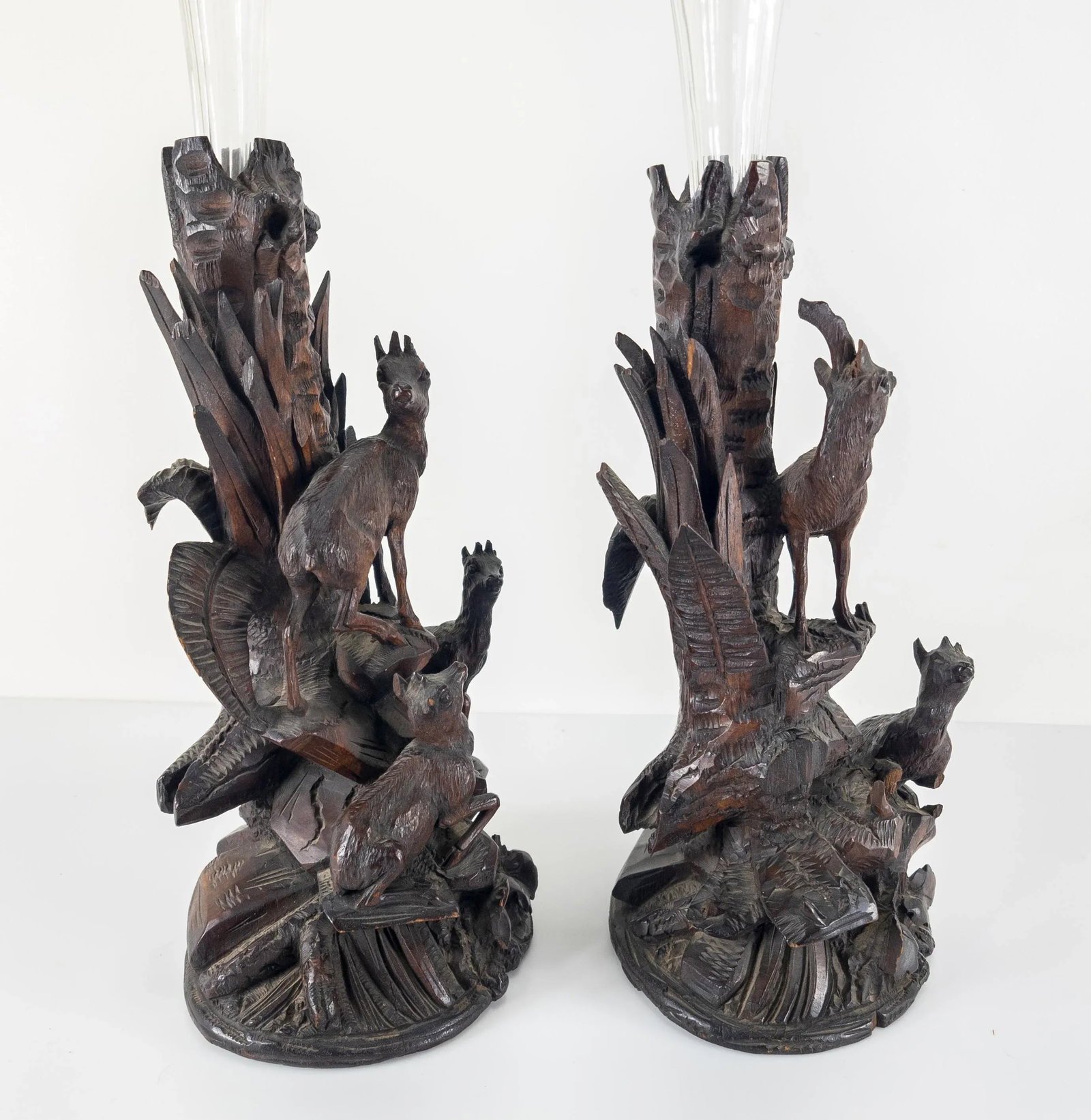 Pair of German Carved Black Forest Walnut Vases - 6