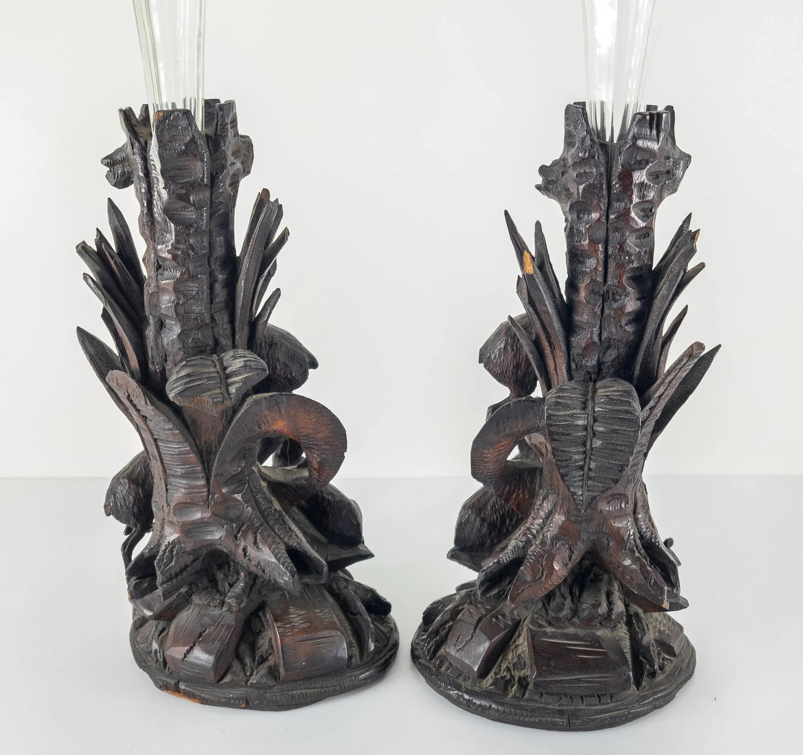 Pair of German Carved Black Forest Walnut Vases - 7