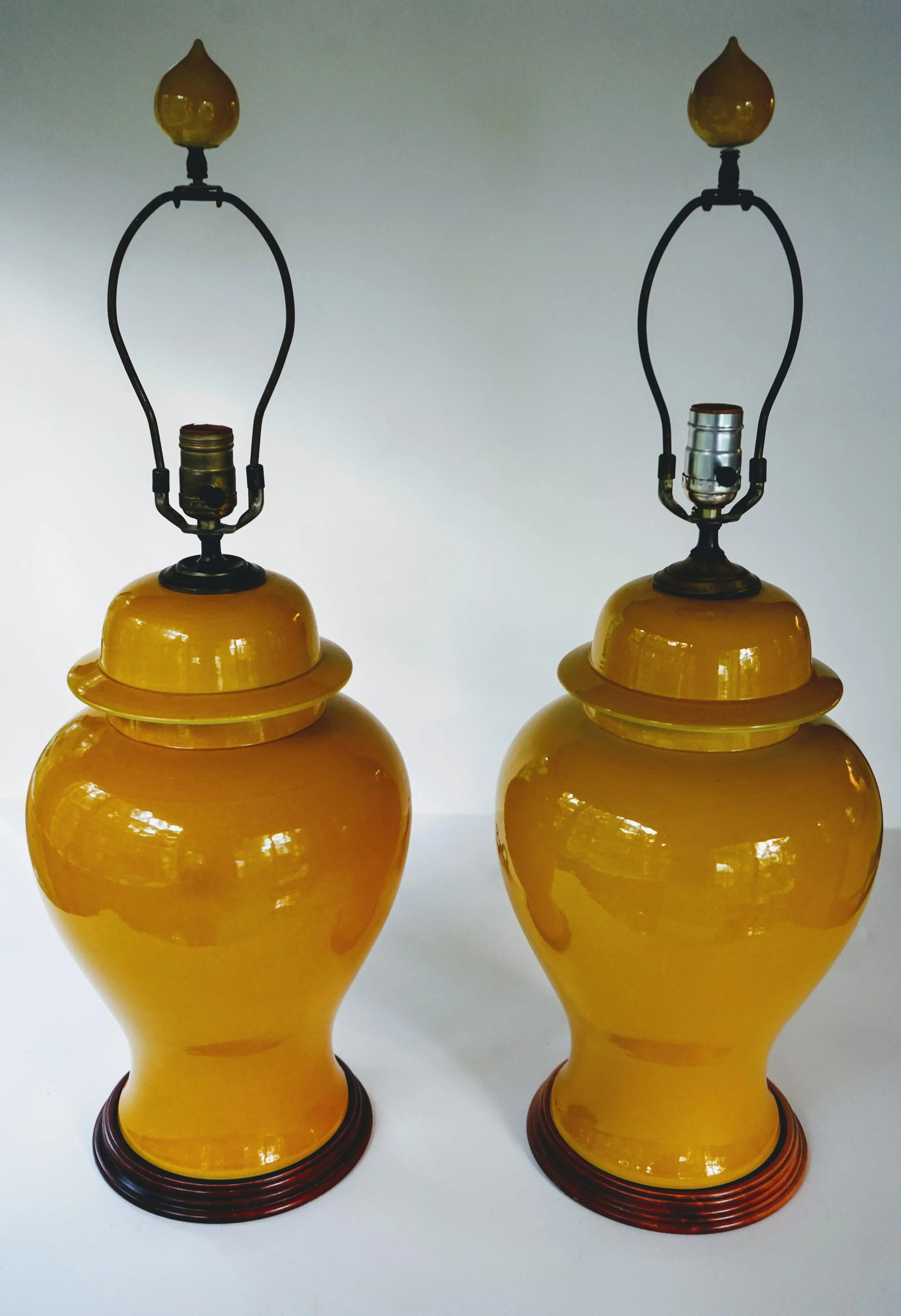 Mid Century Marigold Yellow Ginger Jar Lamps With Matching Finials - a Pair - 2