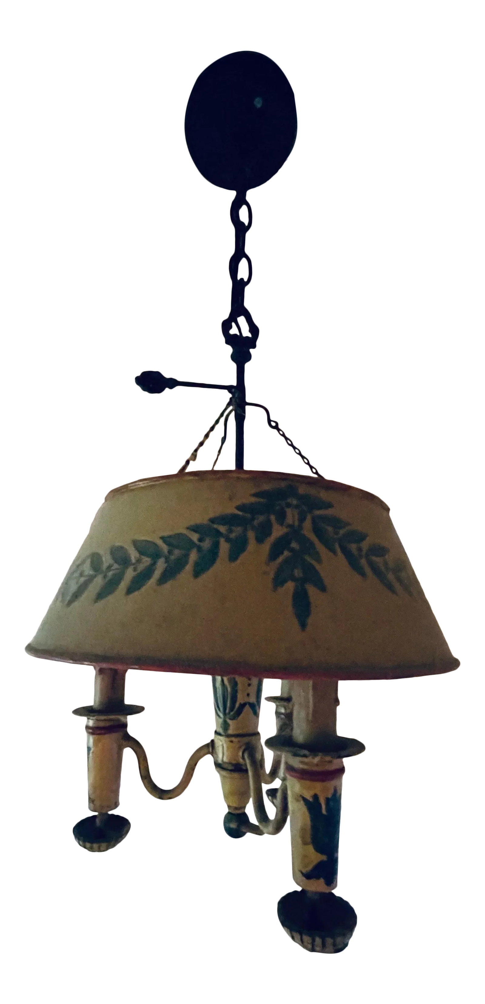19th Century French Hanging Toile Lamp: Beautiful 19th Century hand painted Toile lamp. This lamp is made with a 12" around on the bottom of the shade. The shade is 5" in height. The height of the lamp from base to the top of the shade is