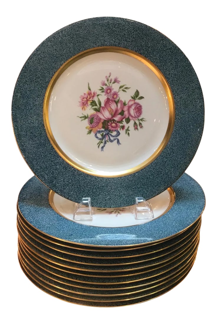 1940s Theodore Haviland Service Dinner Plates- Set of 12: A set of 12 elegant floral service plates made by Theodore Haviland New York. The Dresden floral center with gold band with a hand stippled teal broad border. The mark is black and red, 1937-1956. Con