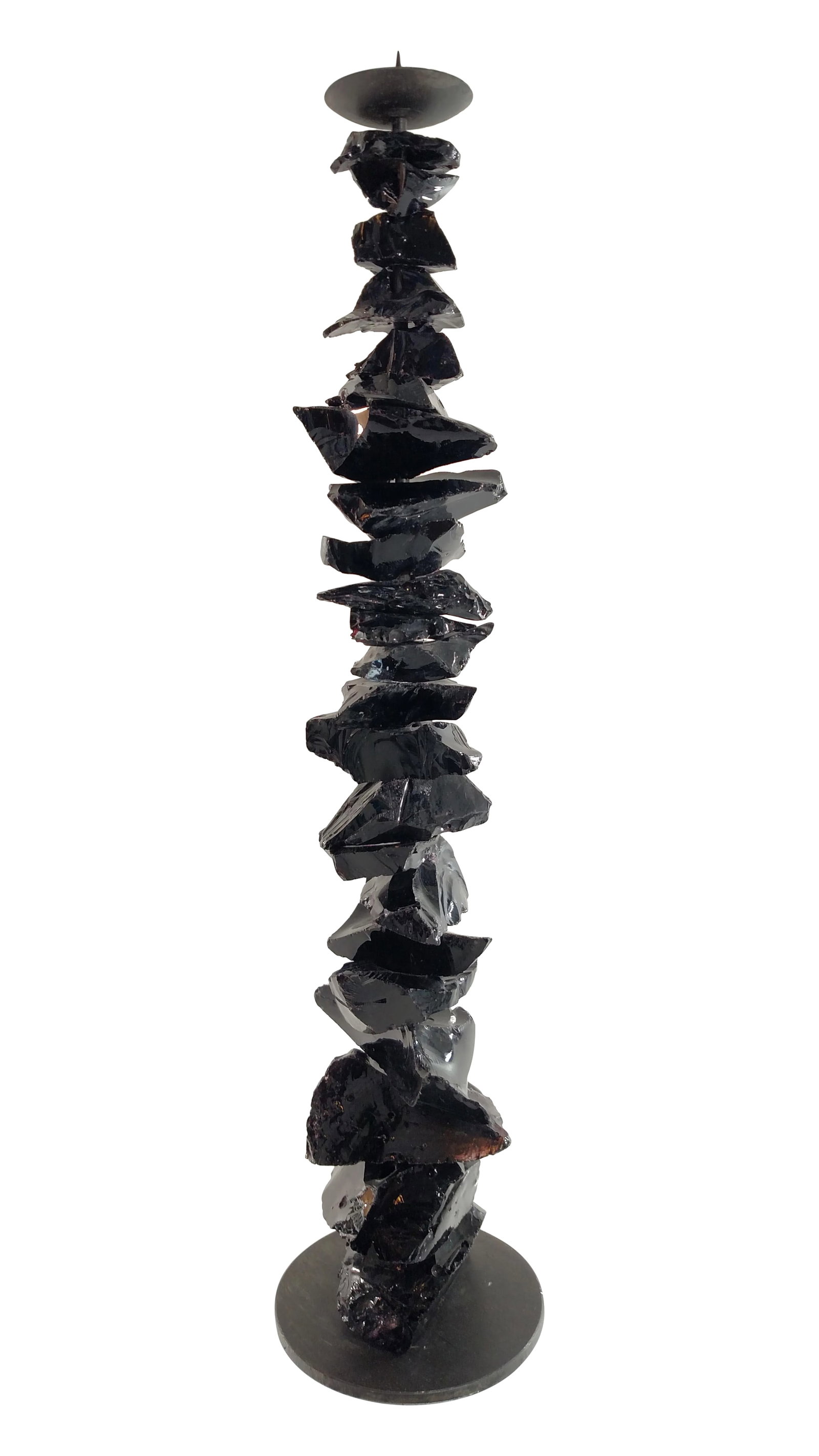 Luigi Benzoni Black Murano Chunk - Glass Handblown Candlestick: Beautiful Luigi Benzoni handblown Venetian black chunk - glass candlestick made on the Isle of Murano. The glass chunks have holes drilled in the centers and they are attached to the iron pole and