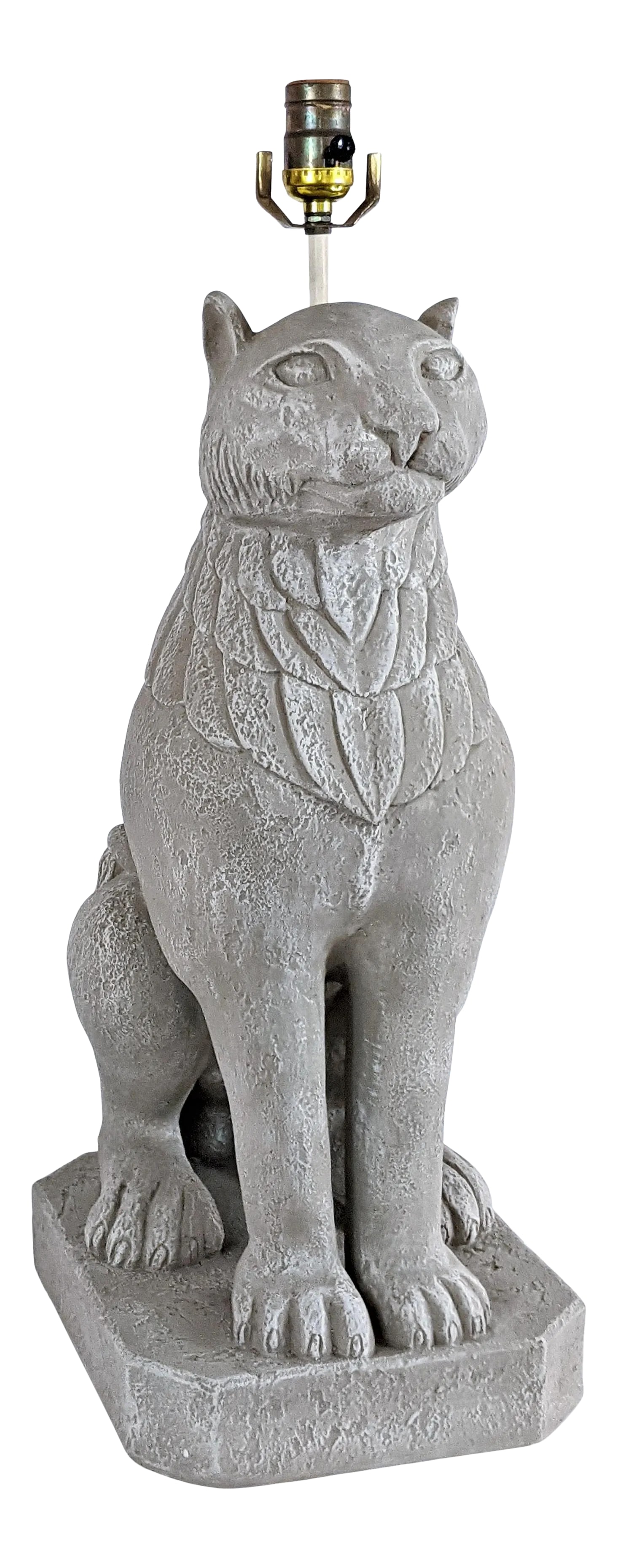Vintage Egyptian Cat Goddess Lamp: Vintage Large Cat made from composite resin into a table lamp. Features an Egyptian Goddess Cat sitting proudly on a stepped base propped on its front legs. Fine detailing of the wavy curls in his man