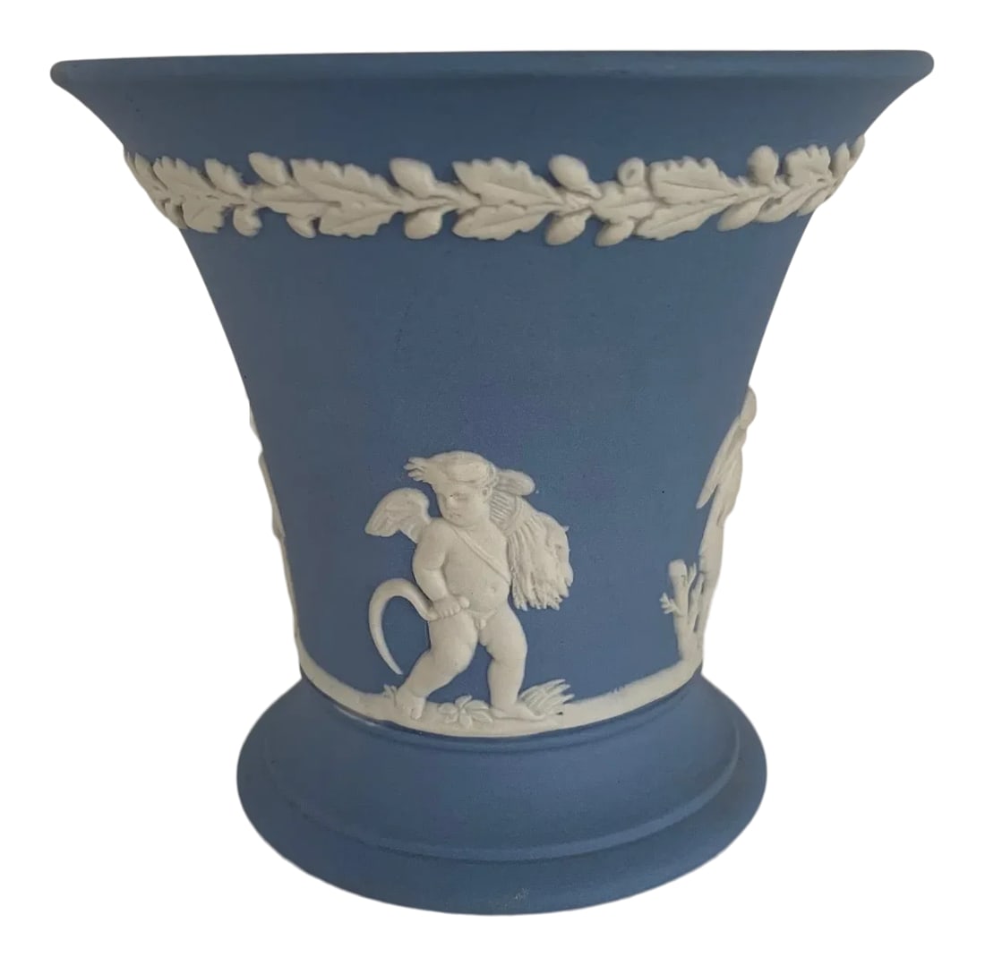 1960s English Neoclassical Wedgwood Jasperware Blue and White Vase: English Neoclassical Wedgwood Jasperware Blue and White Vase The most comprehensive presentation to date of Wedgwood, English purveyor of fine china, porcelain, and luxury accessories known for its ti