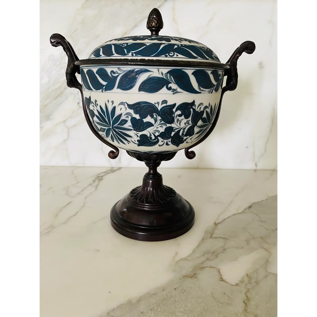 Vintage Neoclassic 14" Bronze and Bisque Porcelain Lidded Urn by Maitland Smith - 2