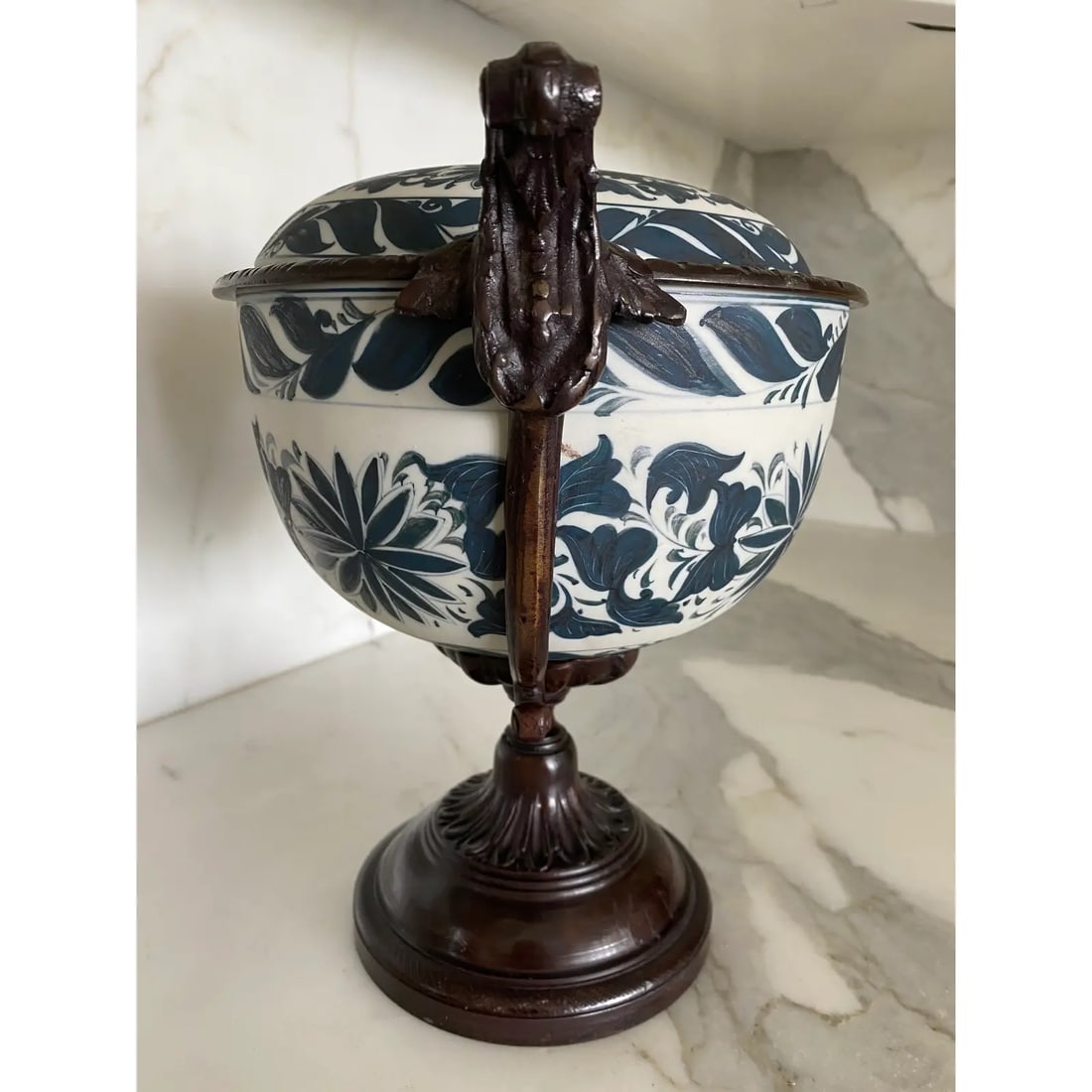 Vintage Neoclassic 14" Bronze and Bisque Porcelain Lidded Urn by Maitland Smith - 3
