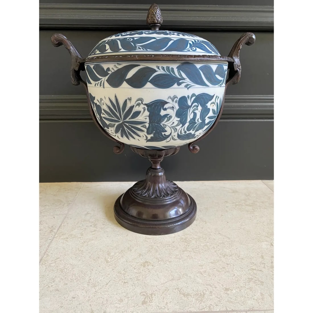 Vintage Neoclassic 14" Bronze and Bisque Porcelain Lidded Urn by Maitland Smith - 7