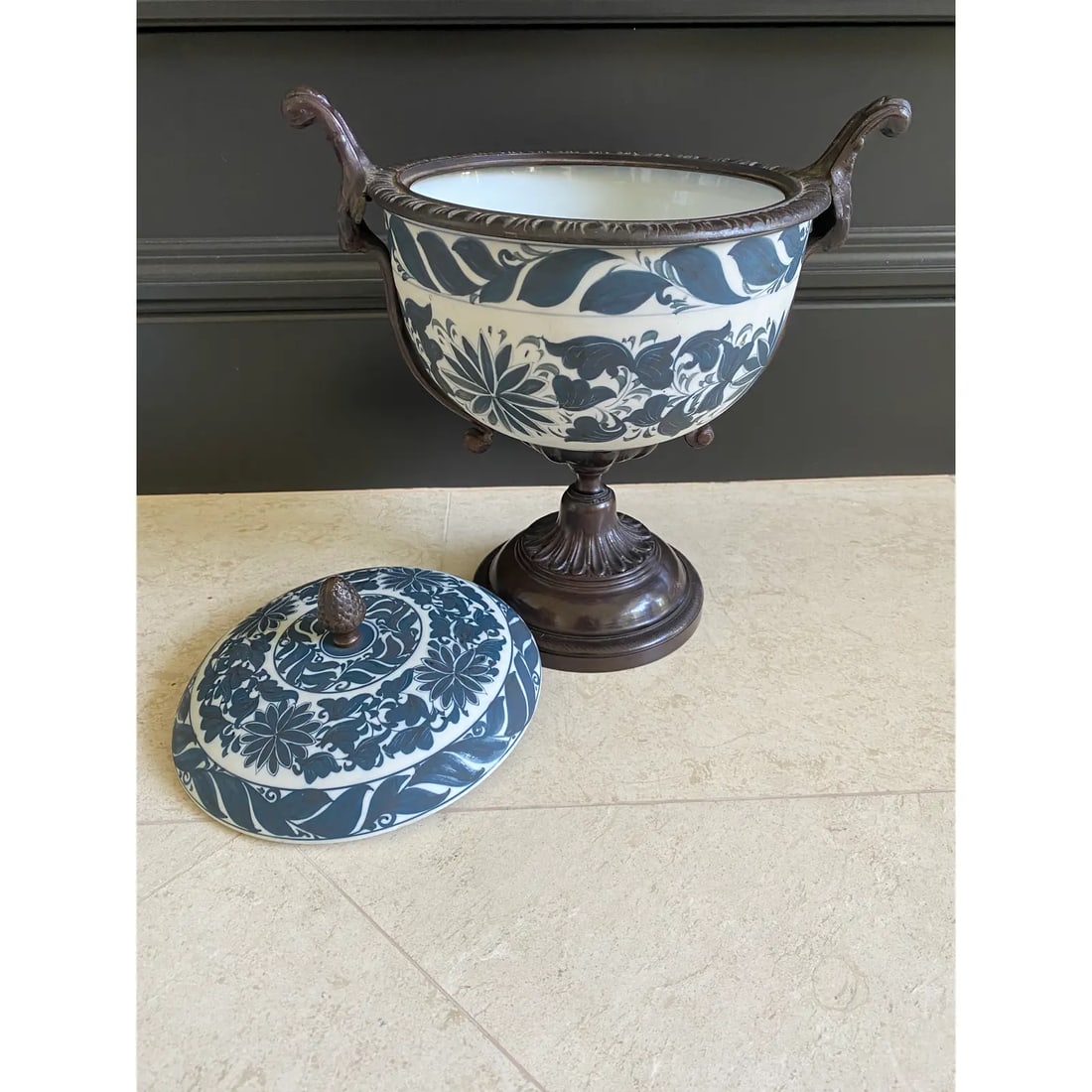 Vintage Neoclassic 14" Bronze and Bisque Porcelain Lidded Urn by Maitland Smith - 8