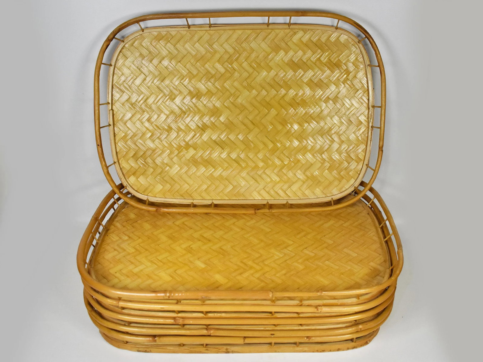 Vintage Mid-Century Woven Rattan Stacking Serving Tiki Trays- Set of 6 - 10