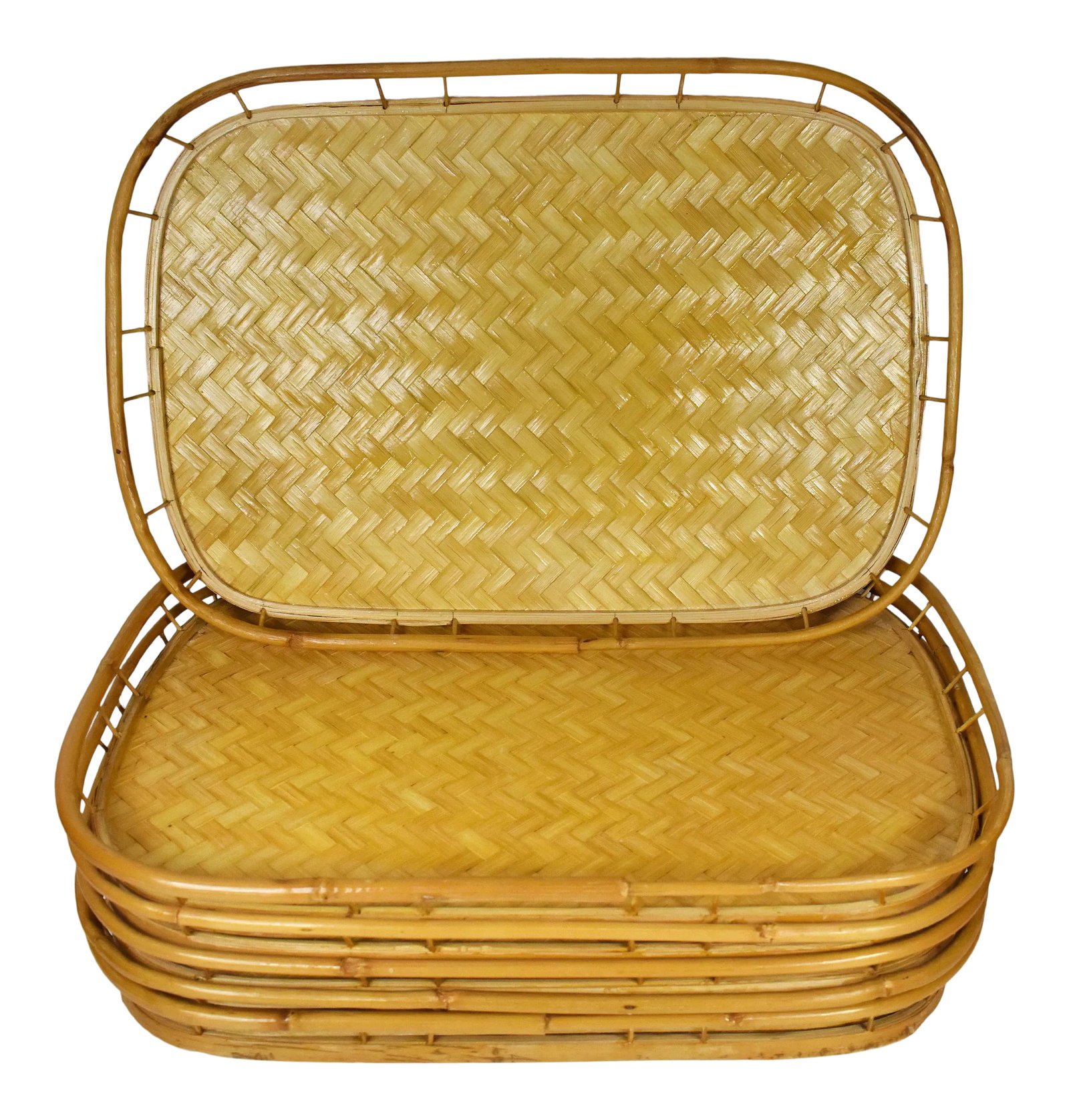 Vintage Mid-Century Woven Rattan Stacking Serving Tiki Trays- Set of 6 (1 of 10)