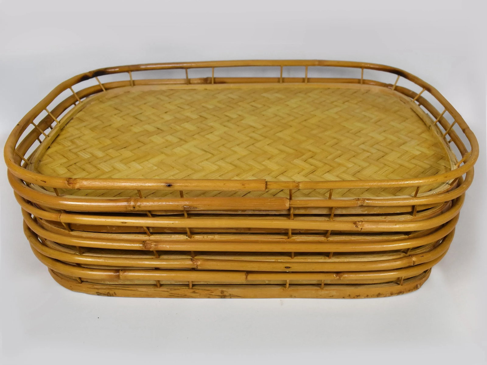 Vintage Mid-Century Woven Rattan Stacking Serving Tiki Trays- Set of 6 - 2