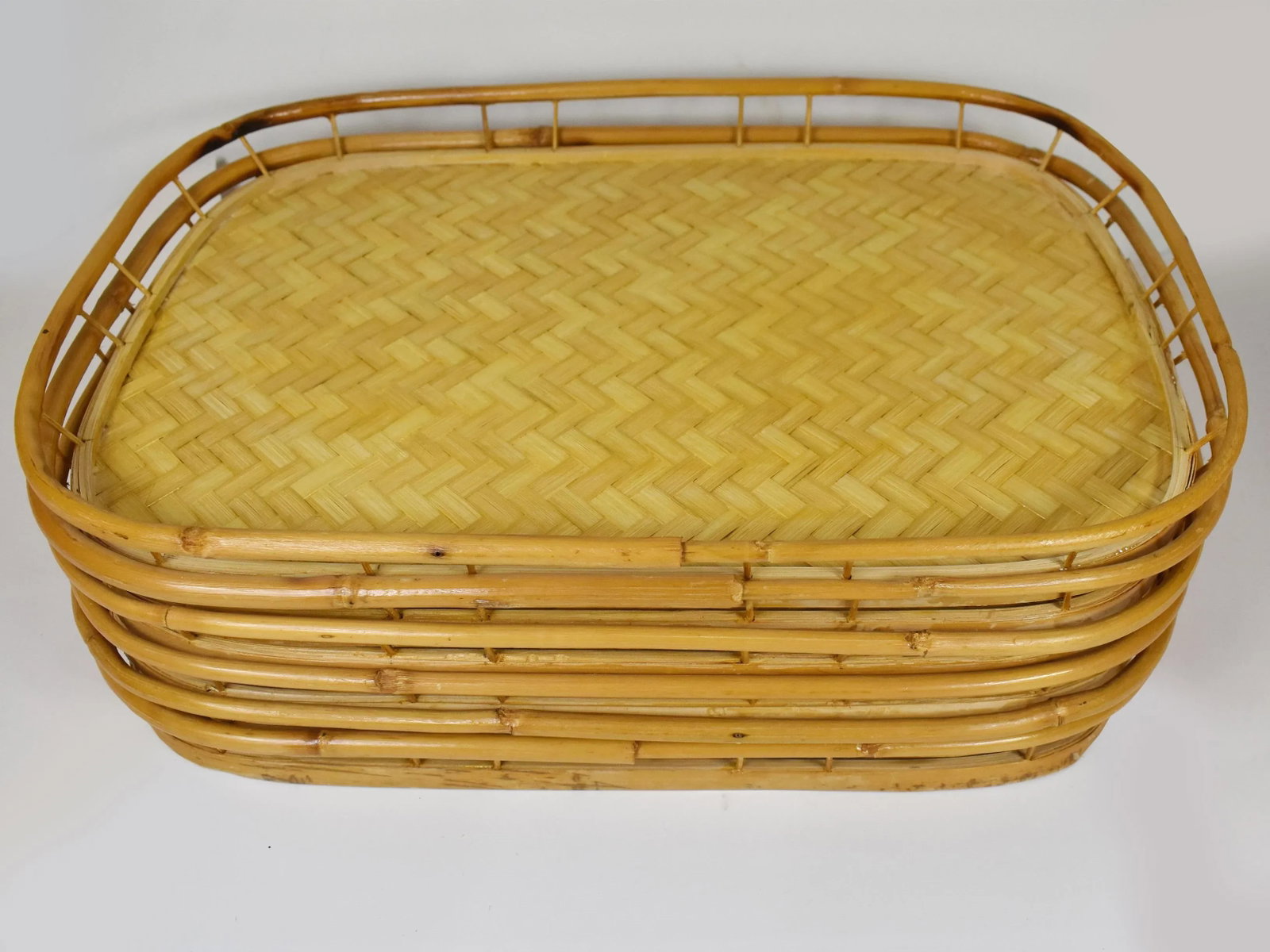 Vintage Mid-Century Woven Rattan Stacking Serving Tiki Trays- Set of 6 - 3