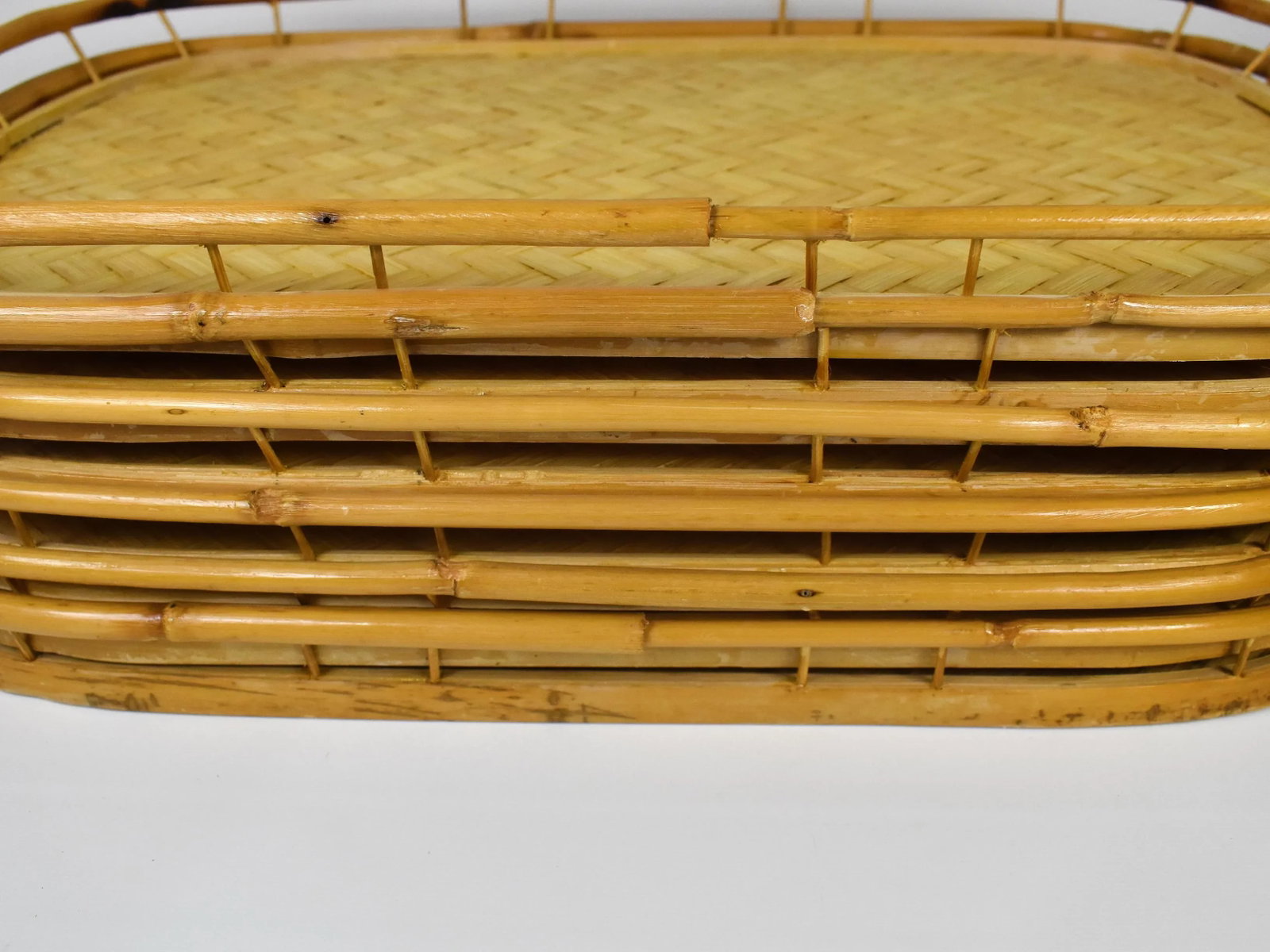 Vintage Mid-Century Woven Rattan Stacking Serving Tiki Trays- Set of 6 - 4