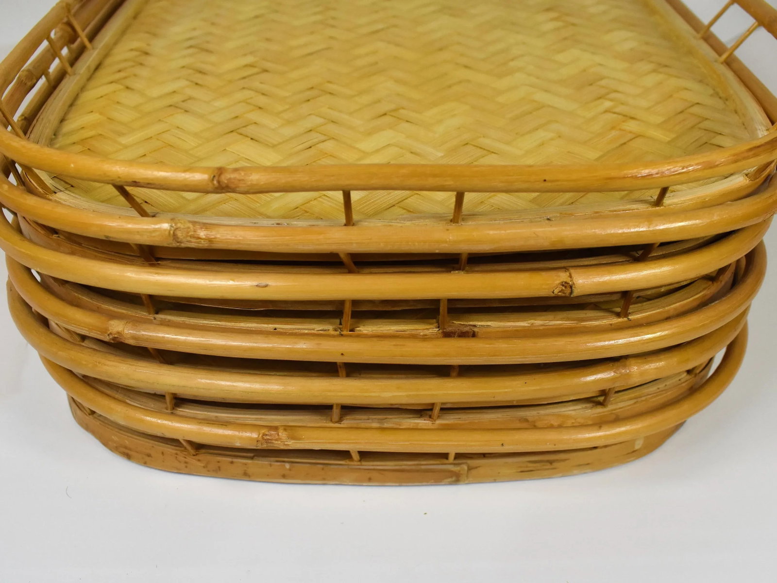 Vintage Mid-Century Woven Rattan Stacking Serving Tiki Trays- Set of 6 - 6