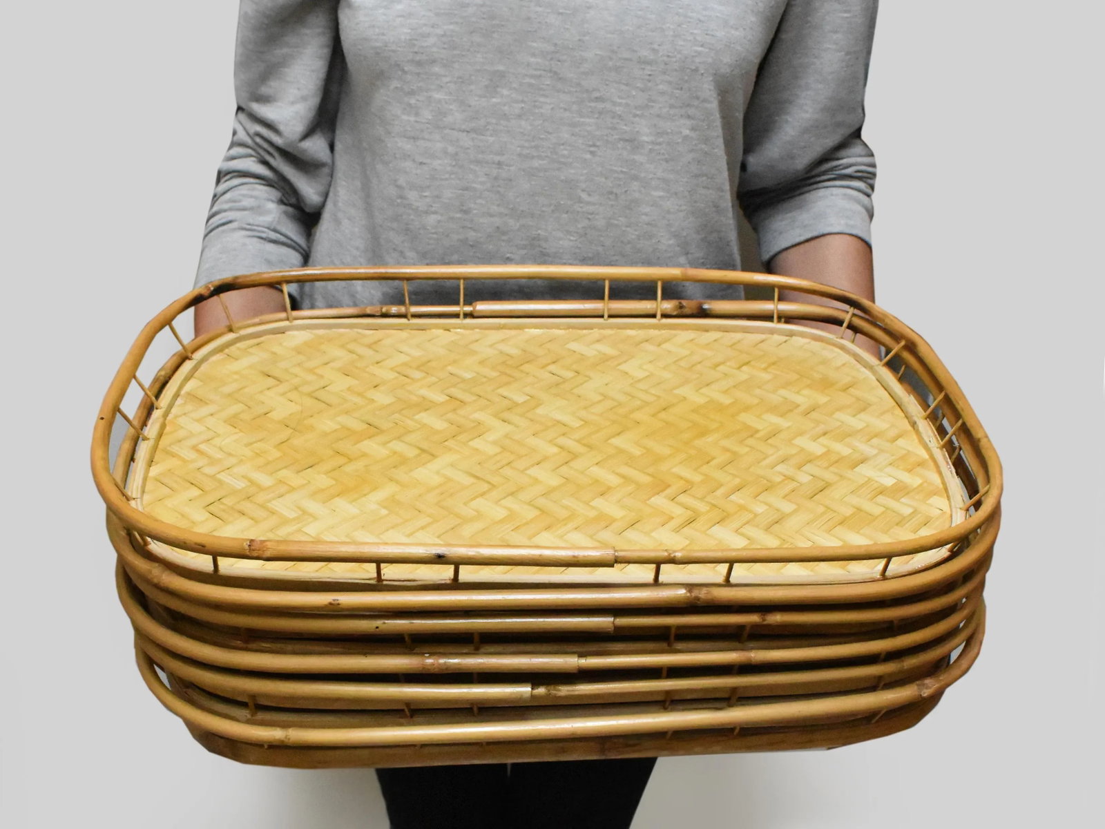 Vintage Mid-Century Woven Rattan Stacking Serving Tiki Trays- Set of 6 - 9