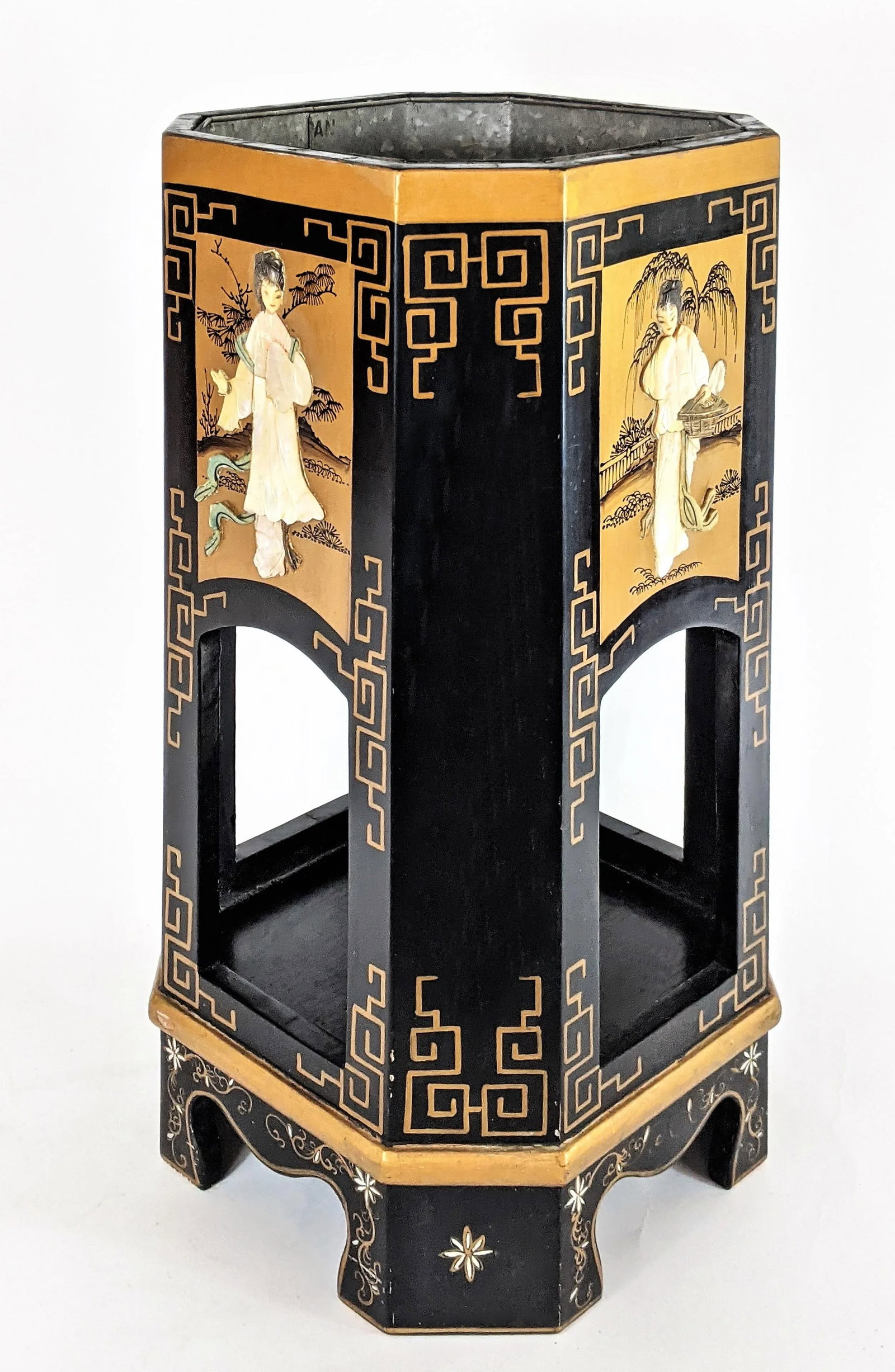 Vintage Oriental Wood Mother of Pearl Planter Jardiniere - 12