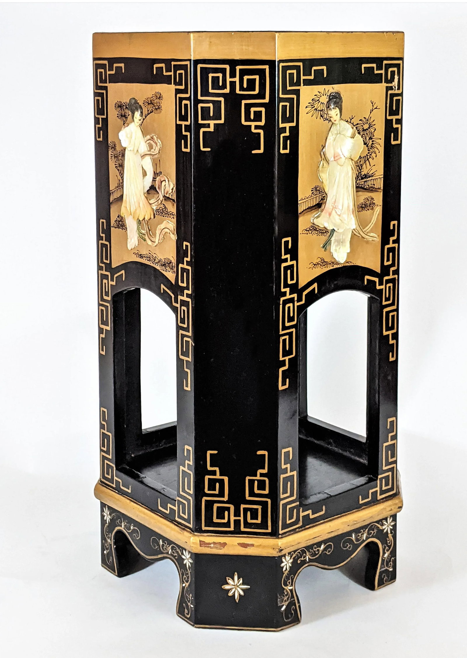 Vintage Oriental Wood Mother of Pearl Planter Jardiniere - 13