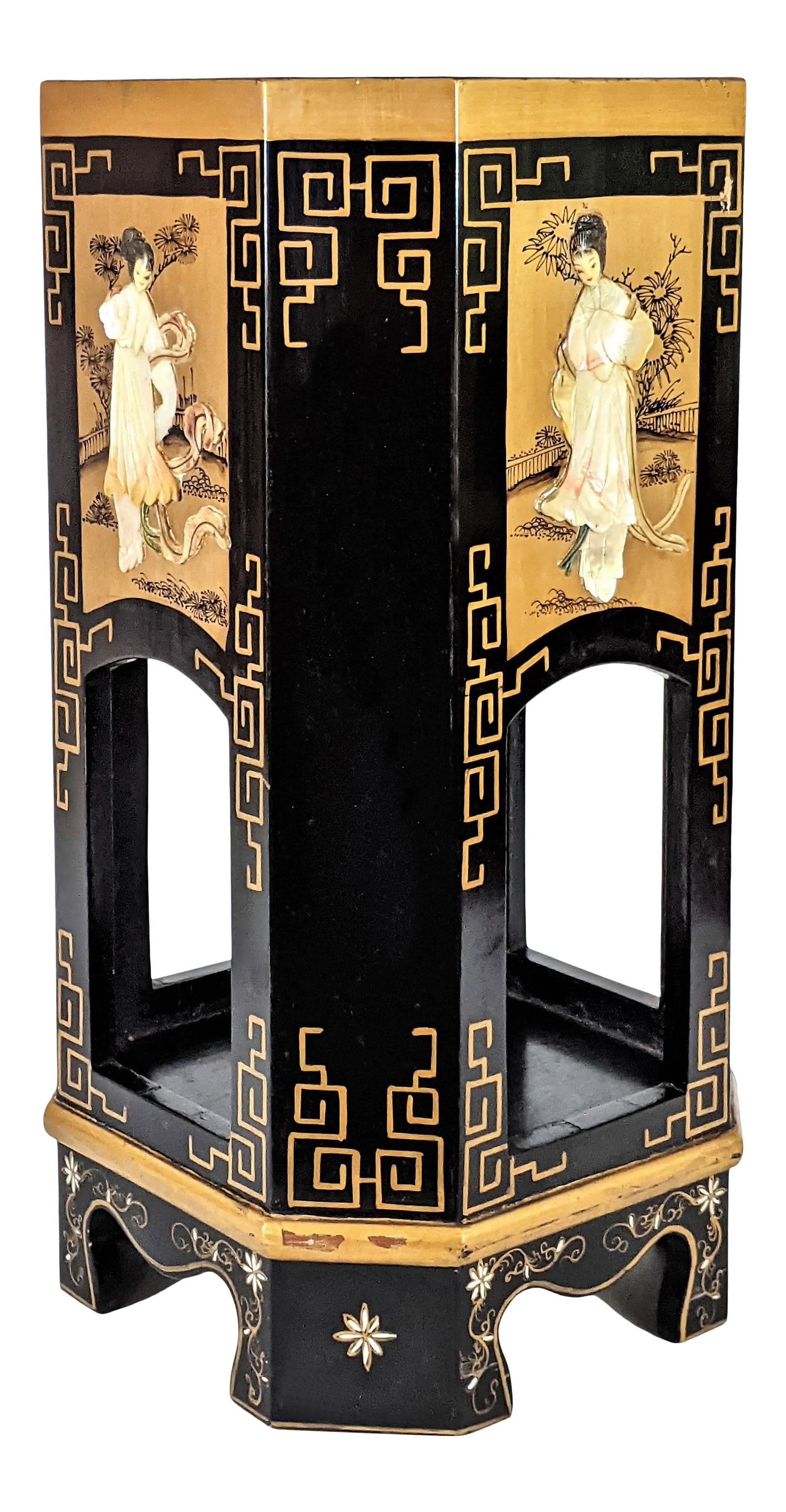 Vintage Oriental Wood Mother of Pearl Planter Jardiniere: Vintage Asian Black Lacquered and Mother of pearl Planter with Gold details. Perfect for using indoors Mother of Pearl detailing Geishas figures. White flowers and Greek key styles patterns all over