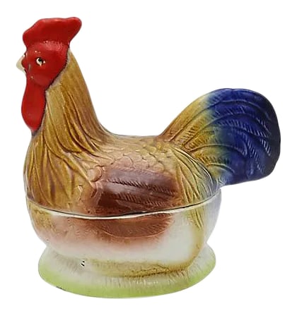 Midcentury French Rooster Pate Tureen: French figural rooster tureen. Maker's mark on bottom. Made in Portugal and hand-painted in France for the French market. Light wear, crazing, minor edge wear on base. Condition: Alterations: Original