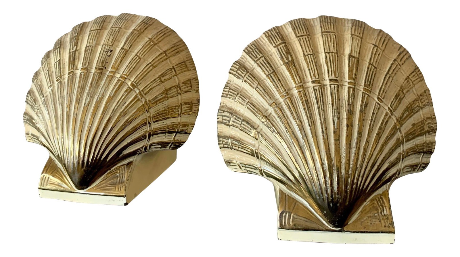 Vintage Pmc Shell Bookends - a Pair: Pair of vintage Philadelphia Manufacturing Company (PMC) shell bookends. Coated in brass. Heavy and sturdy. Some wear on the brass but otherwise in great condition. Condition: Alterations: Original