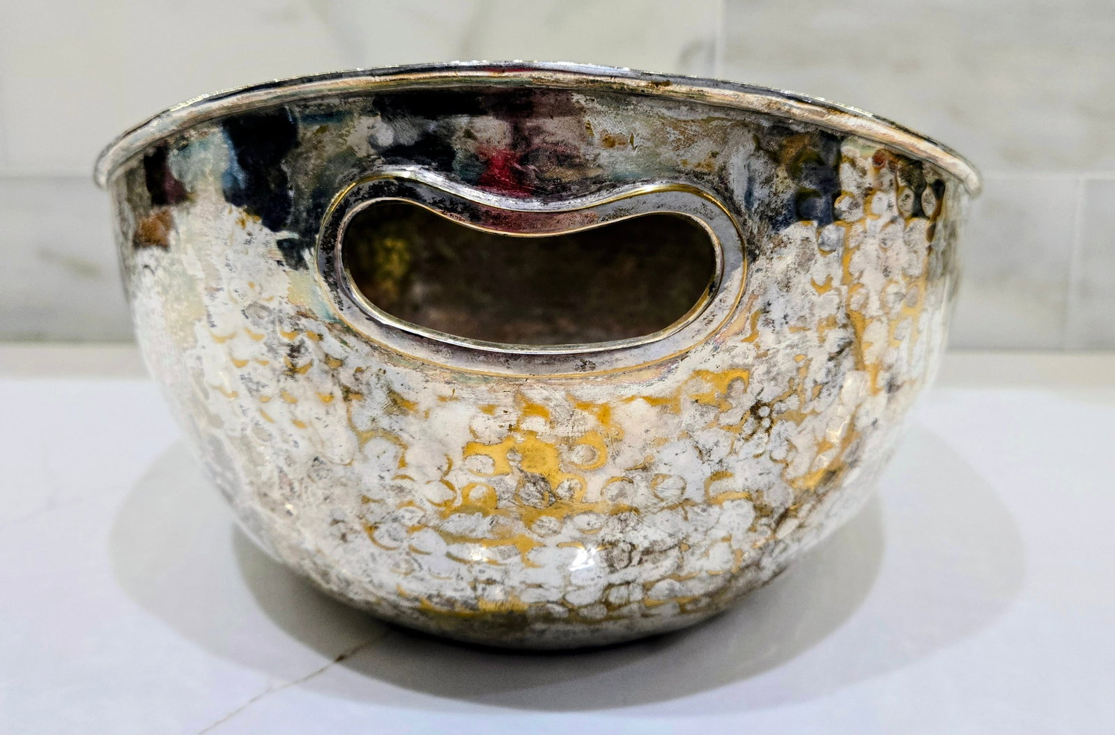Mid-Century Hammered Brass & Silver Plated Handle Bowl - 4