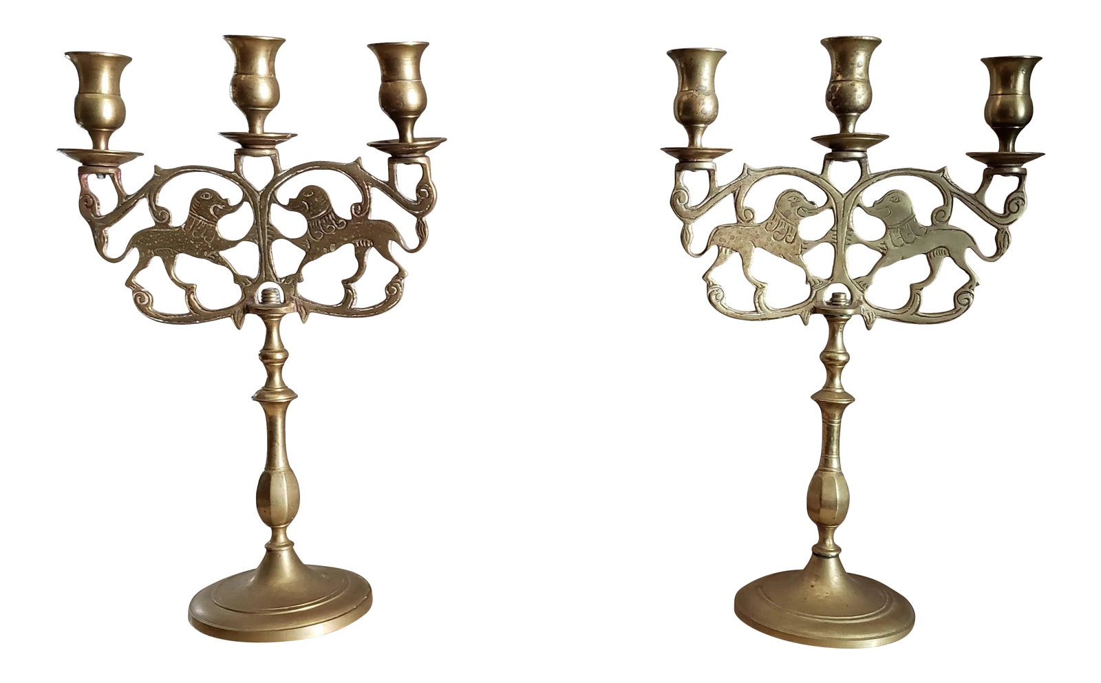 Brass Three Cup Lions of Judah Candelabra - a Pair (1 of 8)
