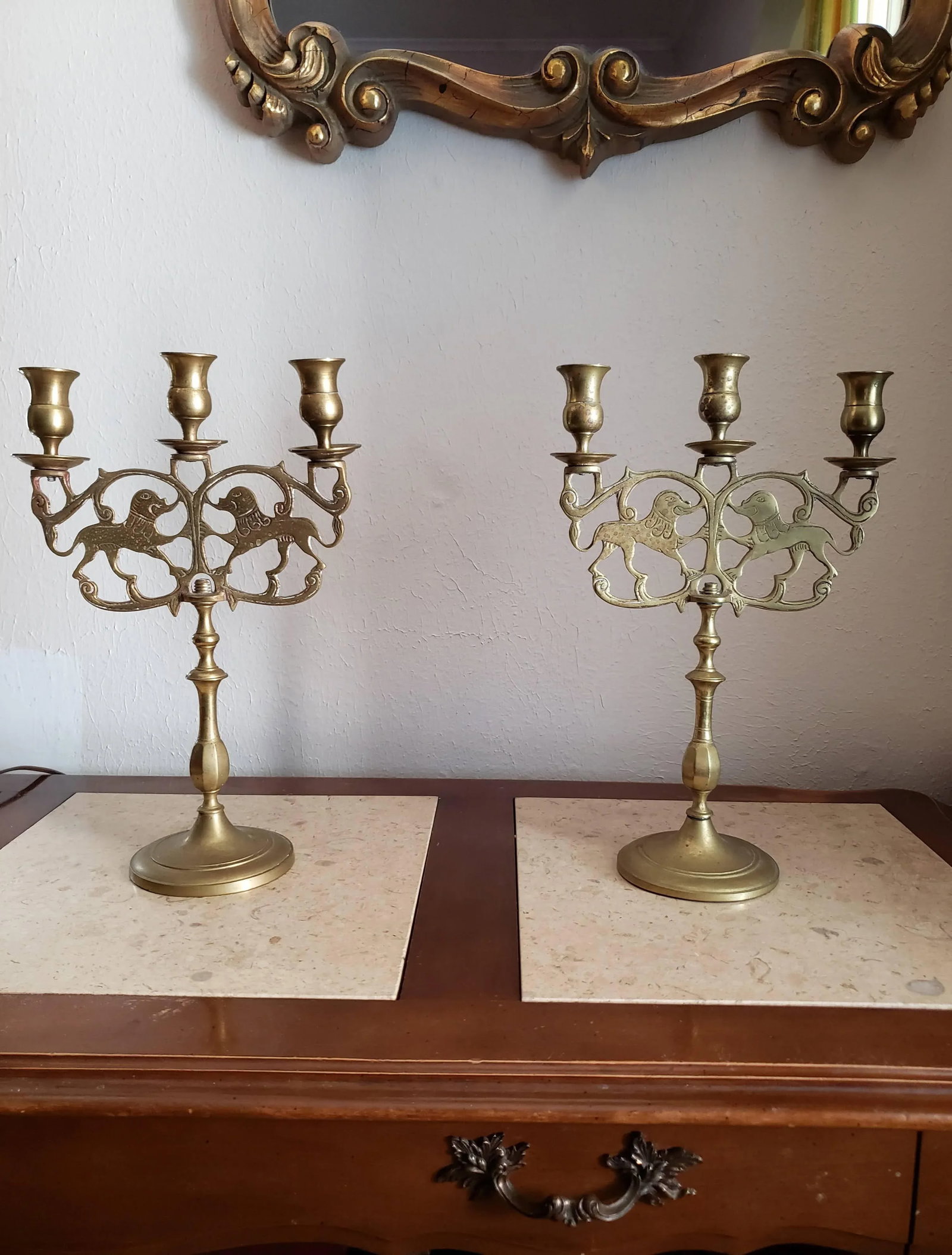 Brass Three Cup Lions of Judah Candelabra - a Pair - 2
