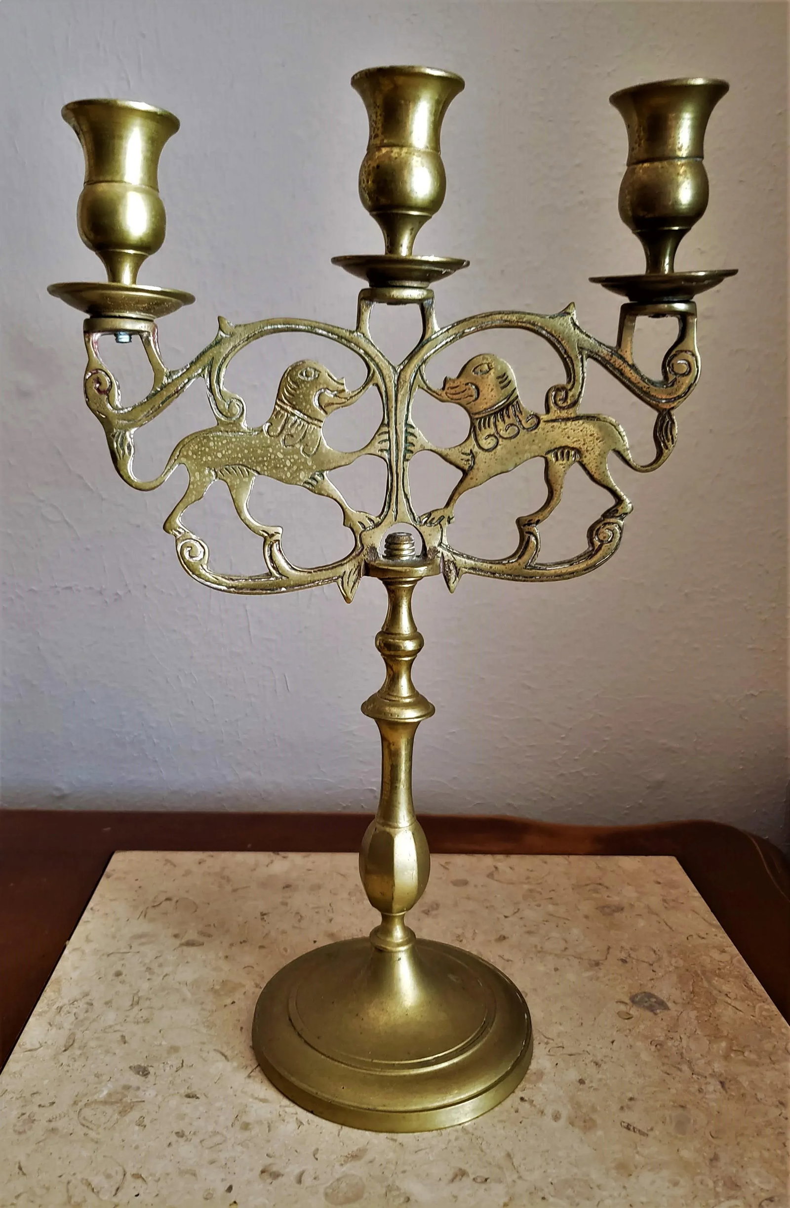 Brass Three Cup Lions of Judah Candelabra - a Pair - 3