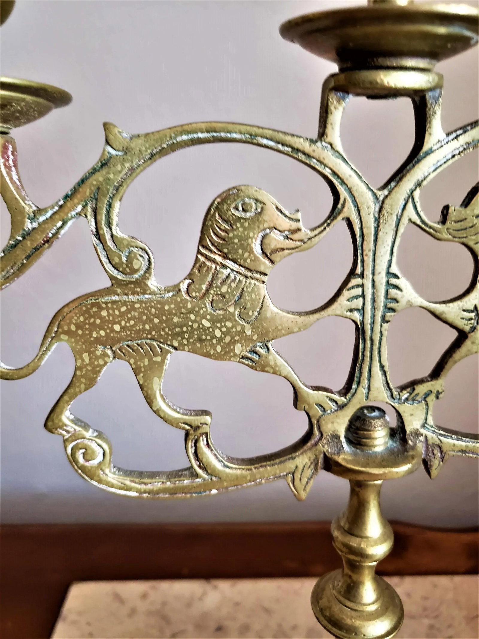 Brass Three Cup Lions of Judah Candelabra - a Pair - 5