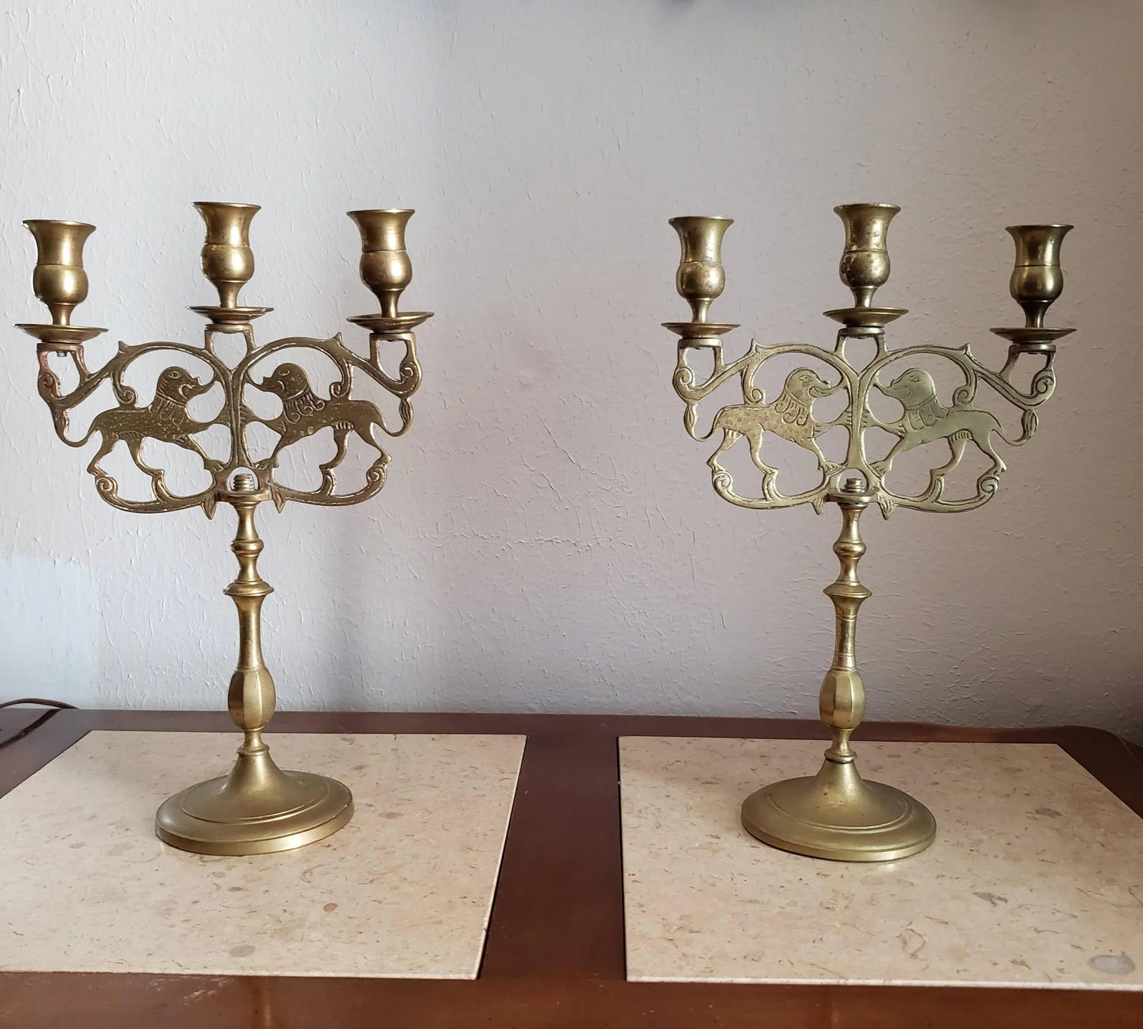 Brass Three Cup Lions of Judah Candelabra - a Pair - 8