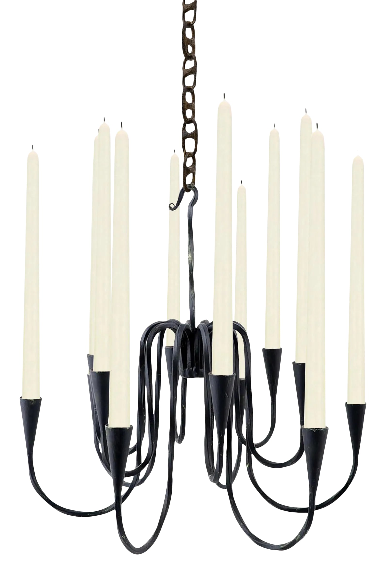 20th Century Wrought Iron Chandelier: A wonderfully expressive 20th century American wrought iron chandelier with twelve dramatically bent and twisted arms, and suspended from a twisted download with a hook at the top. Perfectly sized