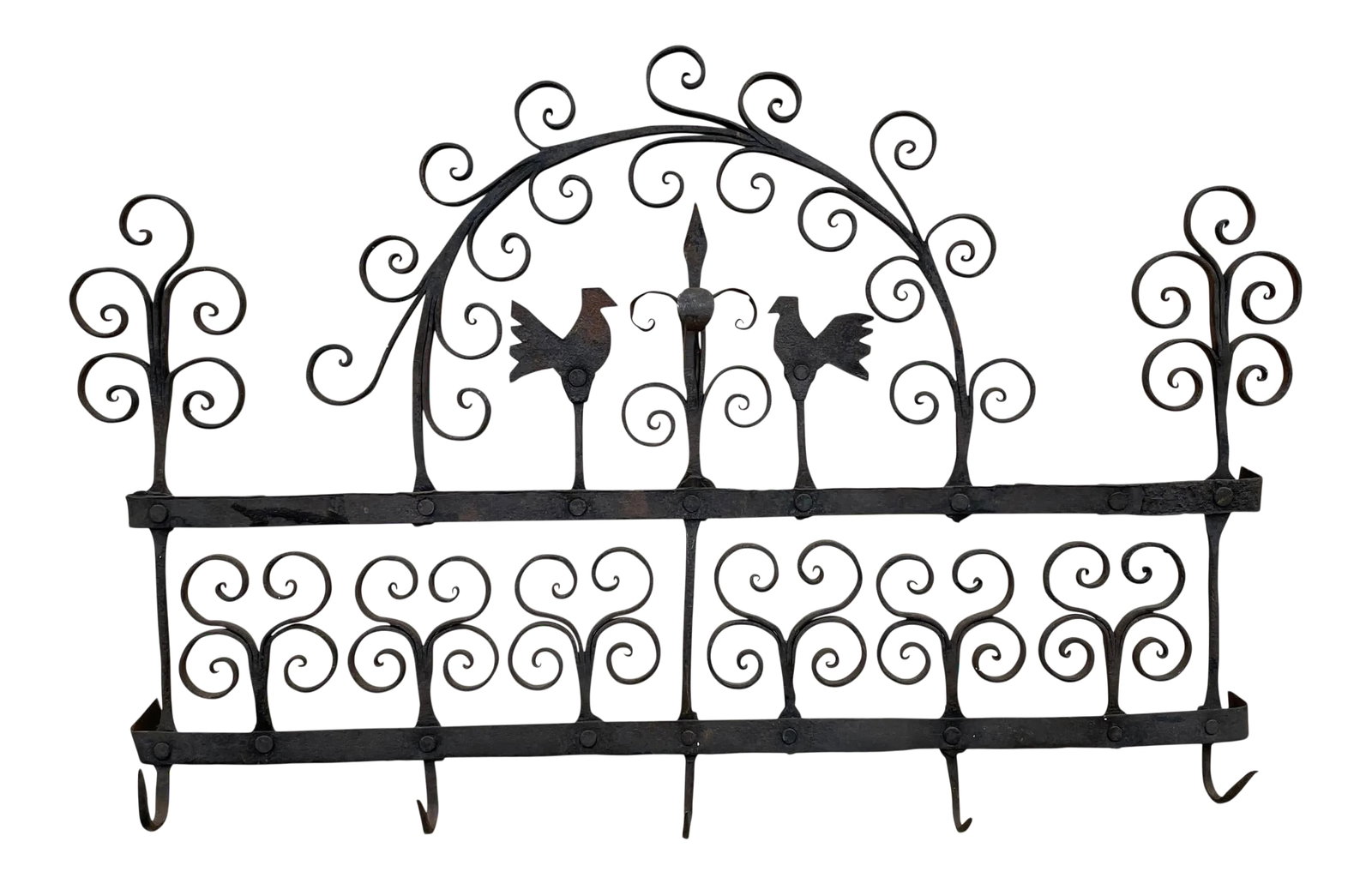 18th Century Wrought Iron Kitchen Rack: A charming 18th century hand-wrought iron kitchen rack with five hooks originally used for hanging spoons and other utensils near the hearth, and with two chickens and many wonderfully wrought curled
