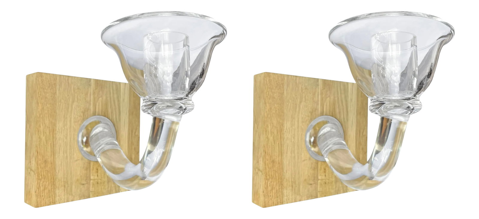 Pair of Handblown Glass Candle Sconces: A chic pair of Belgian handblown glass candle sconces with wide bobeches, curved arms, and mounted to a modern oak wall mounts. Etched 'Cleybergh' on each arm. Intended for use with tapers.
