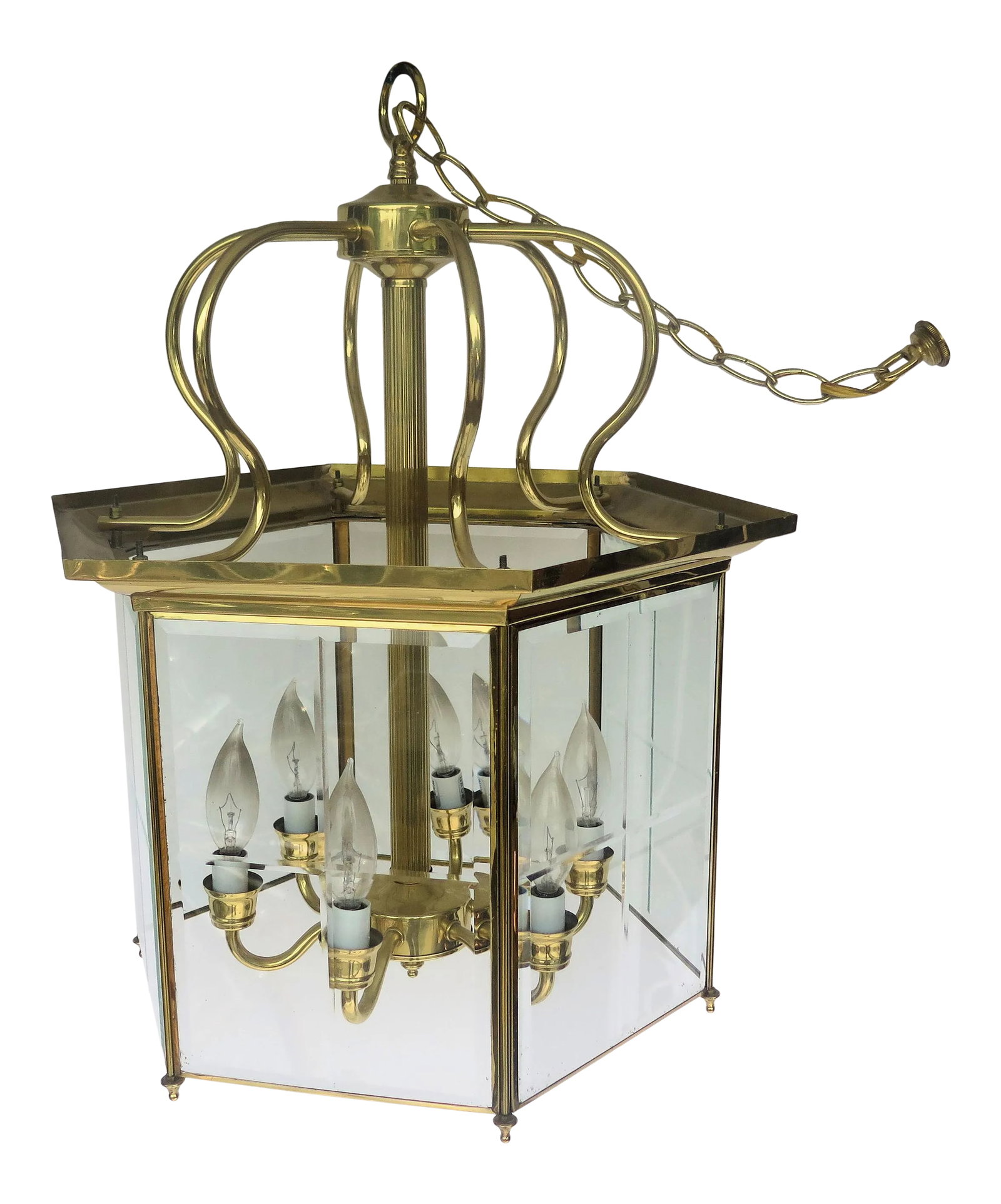 Vintage 1970s 6 Light Asian Cage Style Chandelier: This unique Asian cage-style chandelier is topped off with 6 curving pieces of brass to form a stylish vintage crown. This heavy solid brass chandelier is a whimsical design piece sure to add a