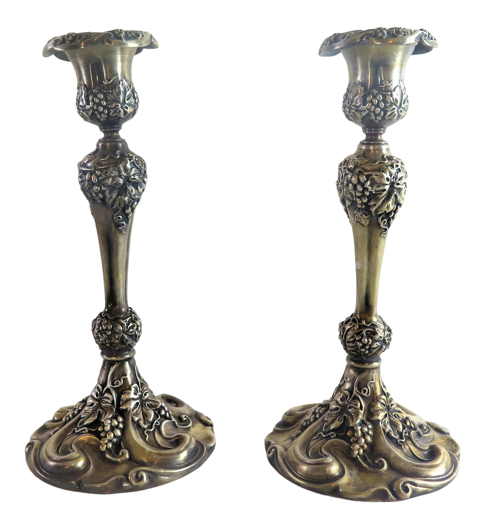 Antique Art Nouveau Silverplate Candle Sticks- a Pair: These Italian Art Nouveau candle holders have a "grape and grape leaf" motif. I deliberately left some of the original patina on the candlesticks to give highlights and definitions to the "grape leaf"