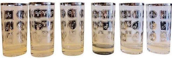 Mid-Century Silver Motif Glasses - Set of 6: Set of six Mid Century Modern highball cocktail glasses with silver designs. Some glasses have slight rubbing off of the silver but the set is gorgeous! Condition: Alterations: Original Condition