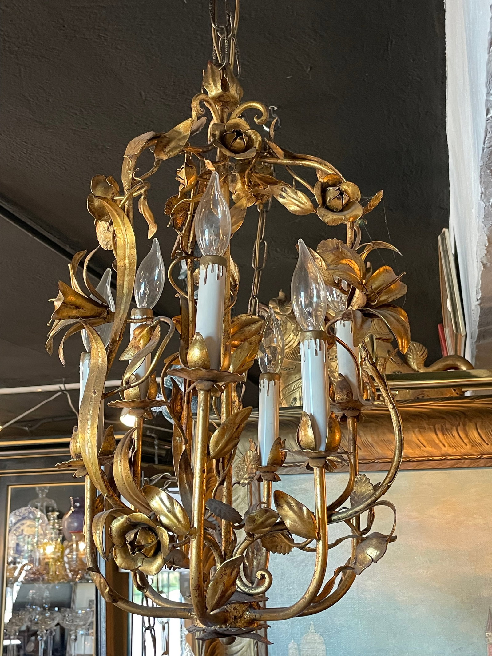 Vintage 1960s Italian Mid Century Hollywood Regency Six Light Gilt Floral Chandelier - 11