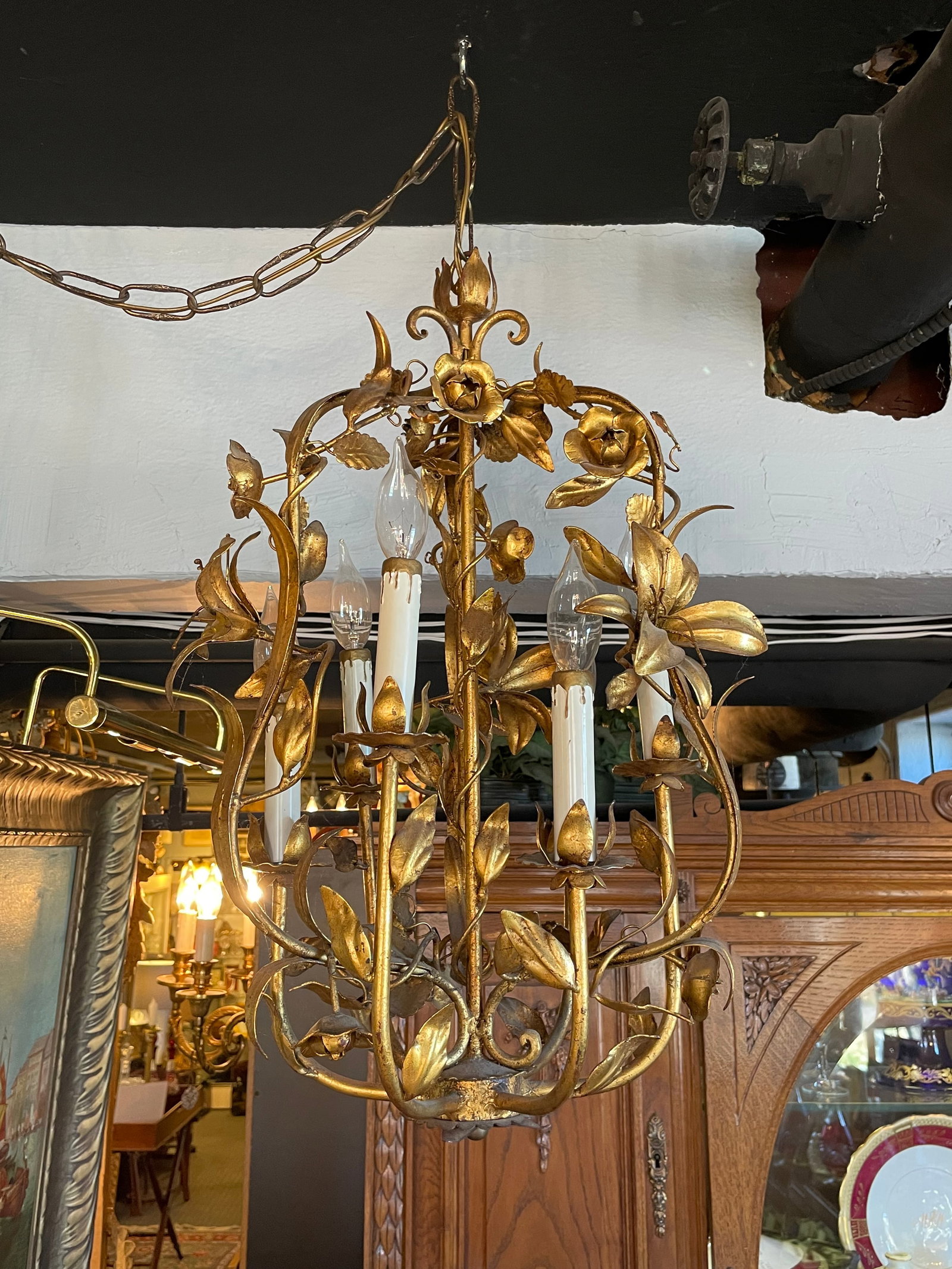 Vintage 1960s Italian Mid Century Hollywood Regency Six Light Gilt Floral Chandelier - 13